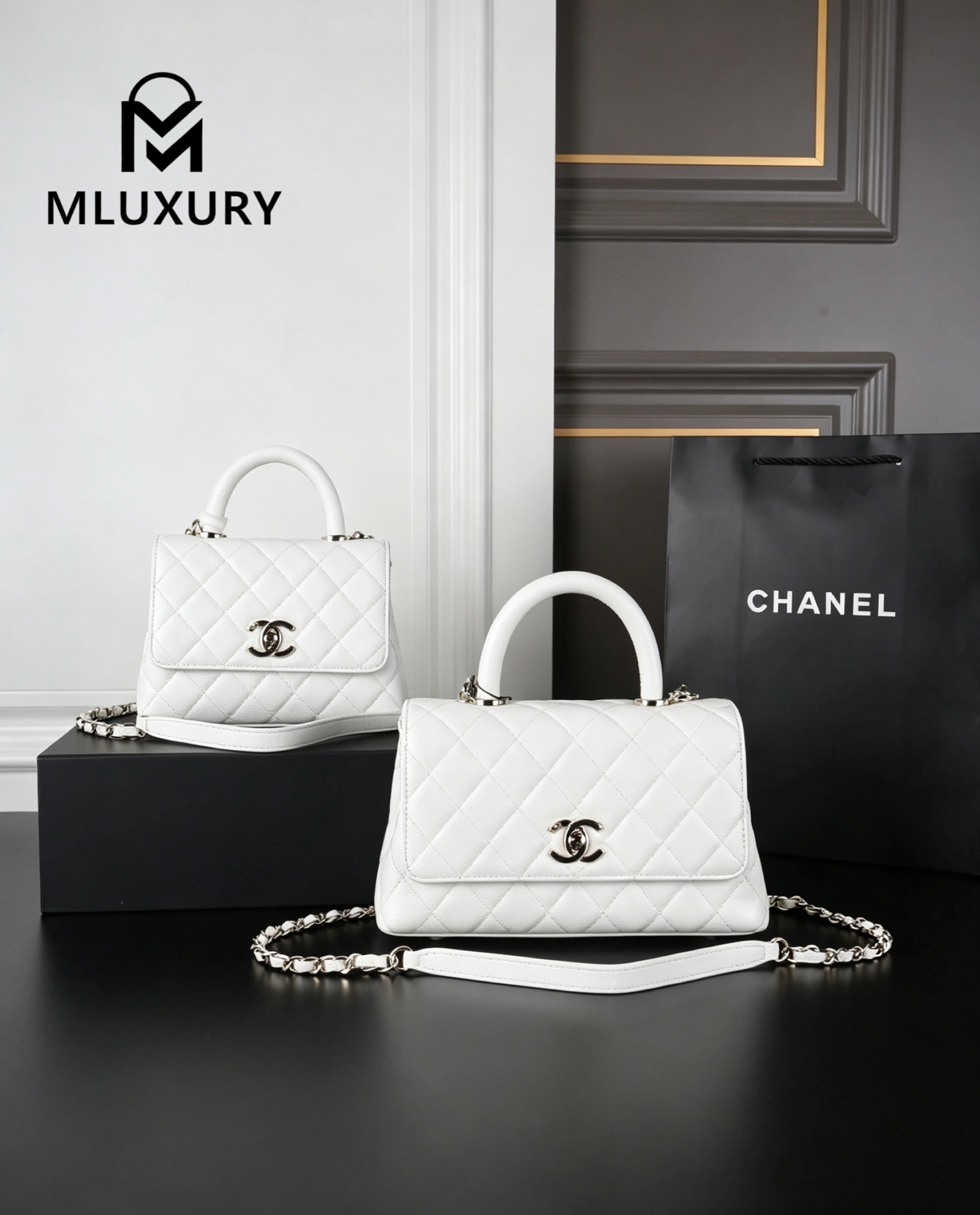 CHANEL Coco Handle Caviar Chain Bag, White