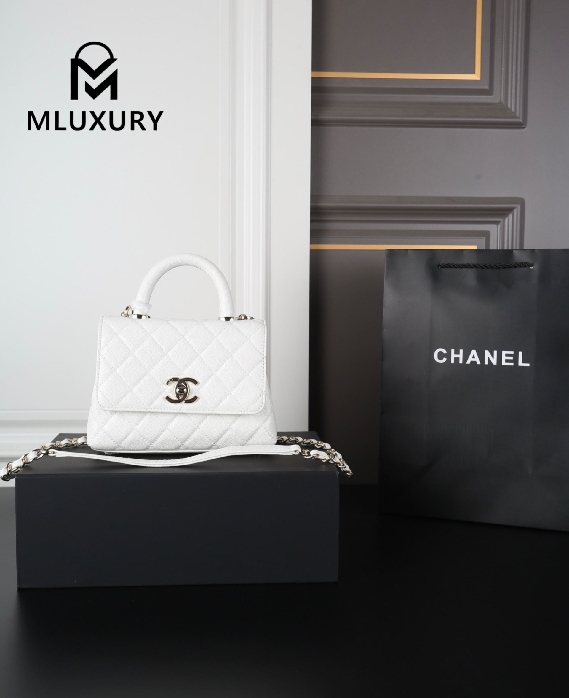 CHANEL Coco Handle Caviar Chain Bag, White