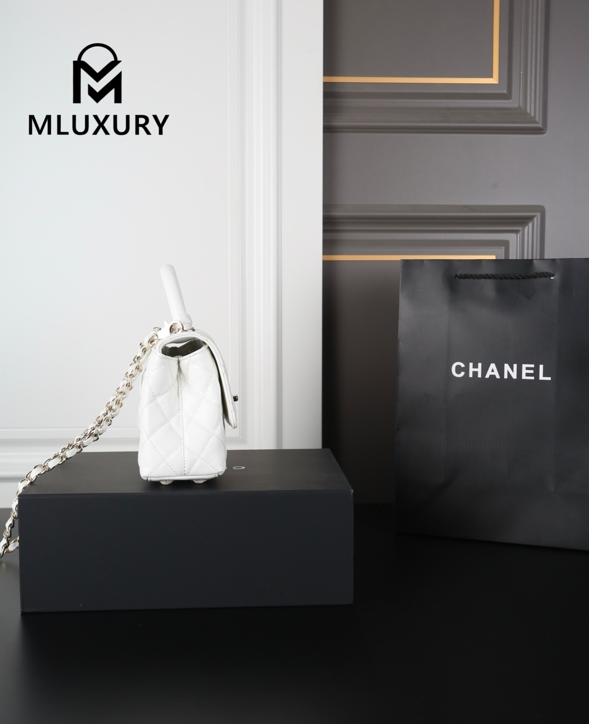 CHANEL Coco Handle Caviar Chain Bag, White