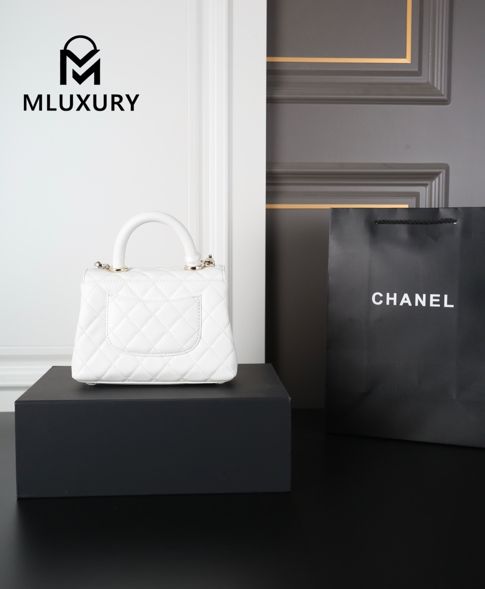 CHANEL Coco Handle Caviar Chain Bag, White