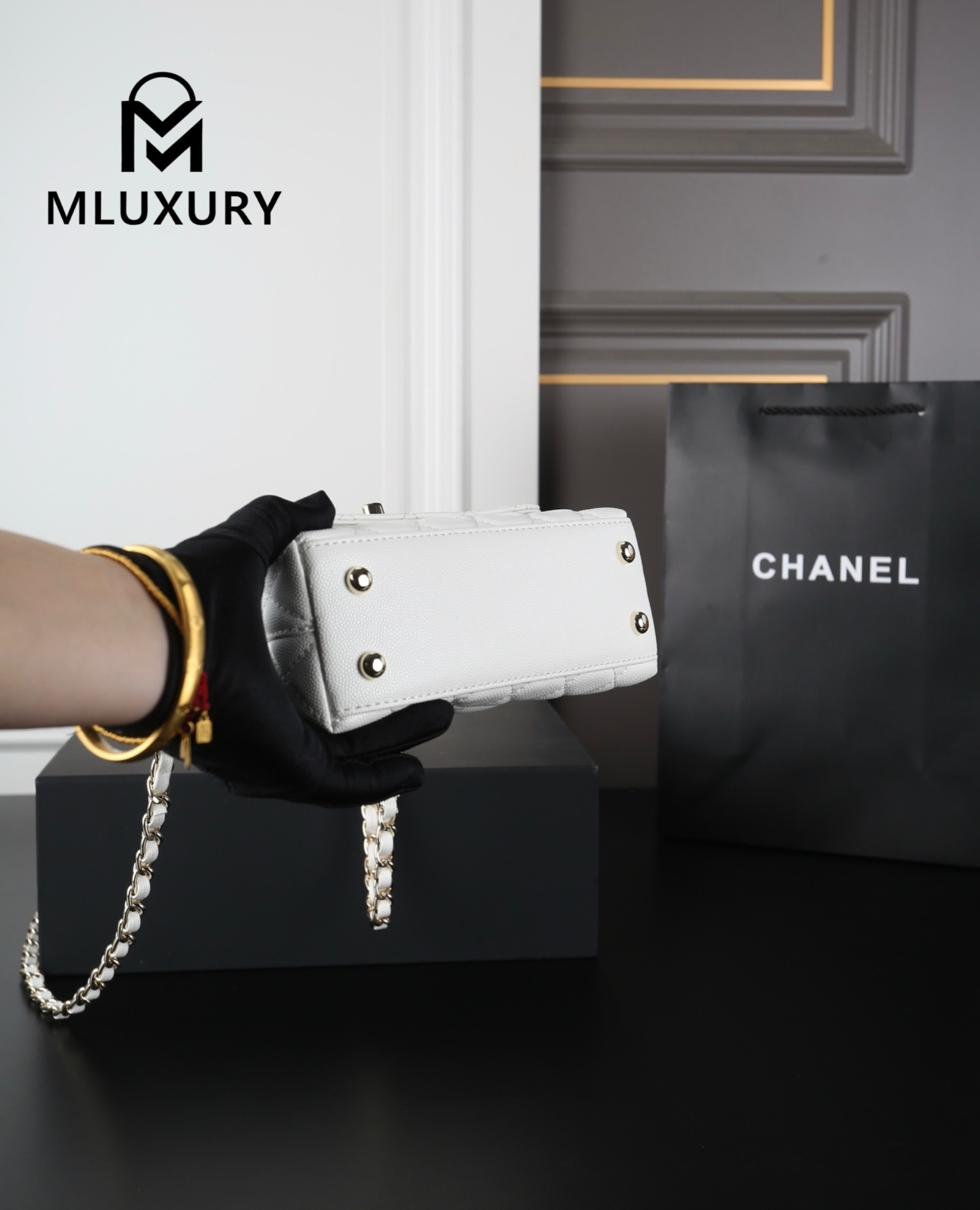 CHANEL Coco Handle Caviar Chain Bag, White