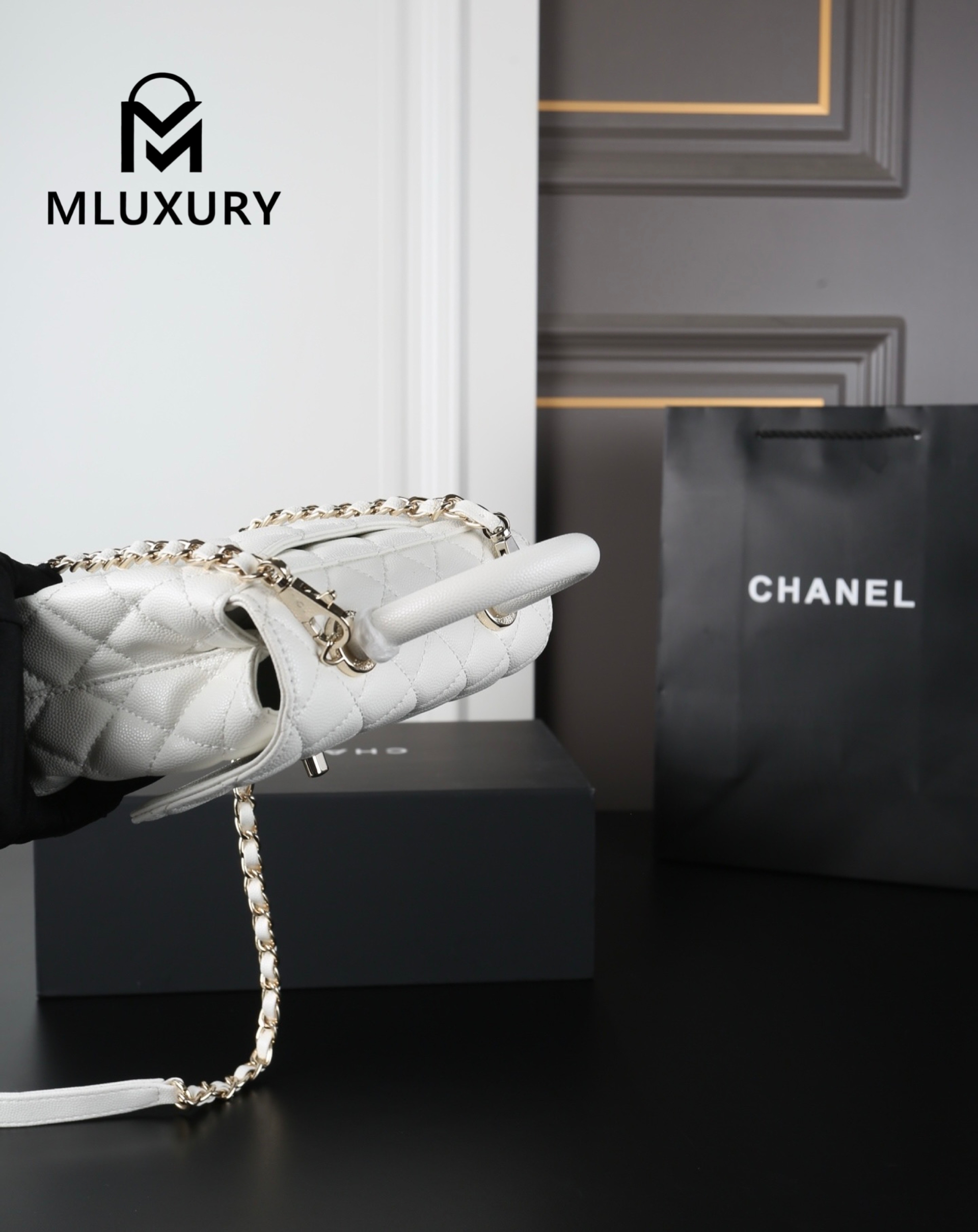 CHANEL Coco Handle Caviar Chain Bag, White
