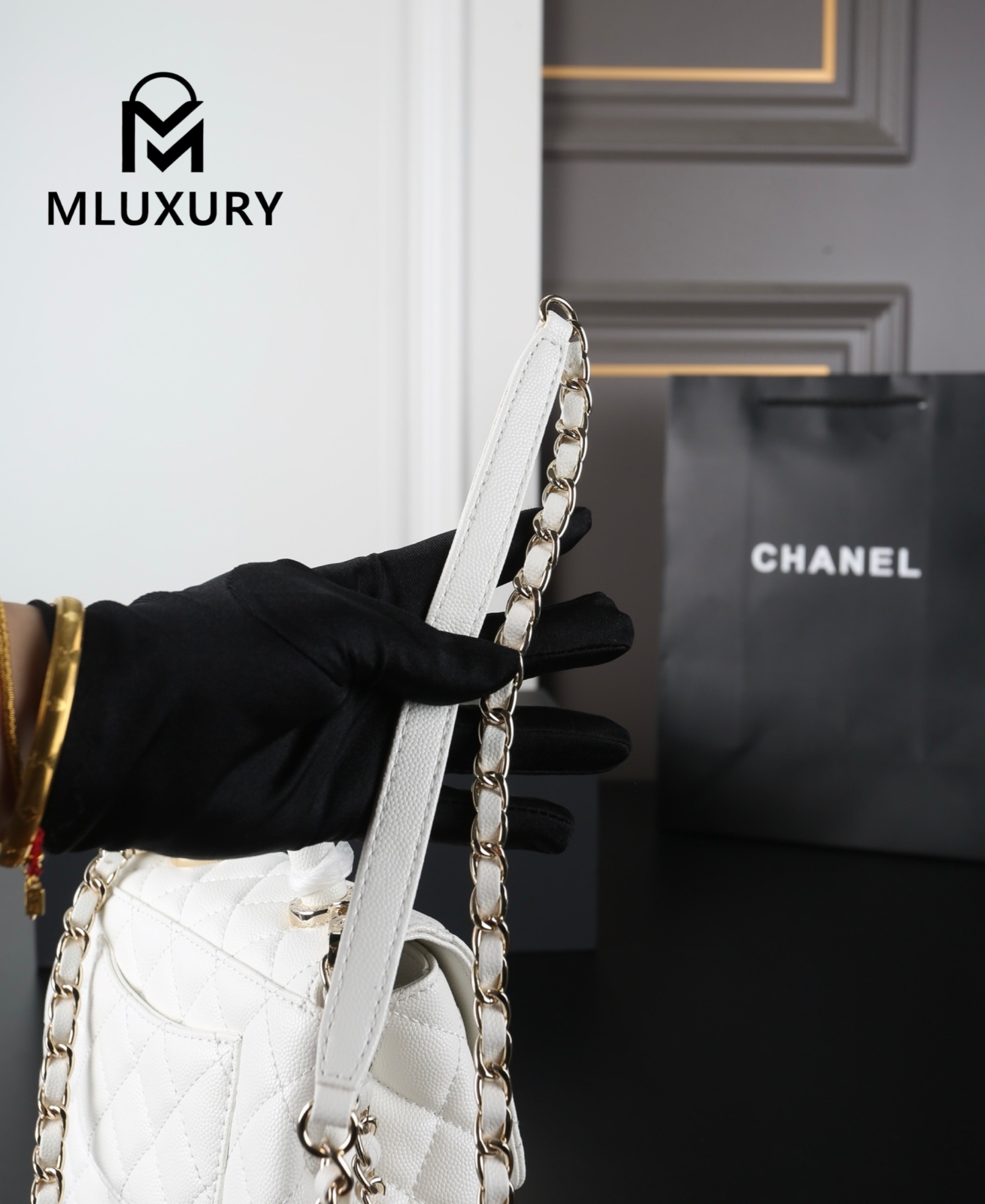 CHANEL Coco Handle Caviar Chain Bag, White