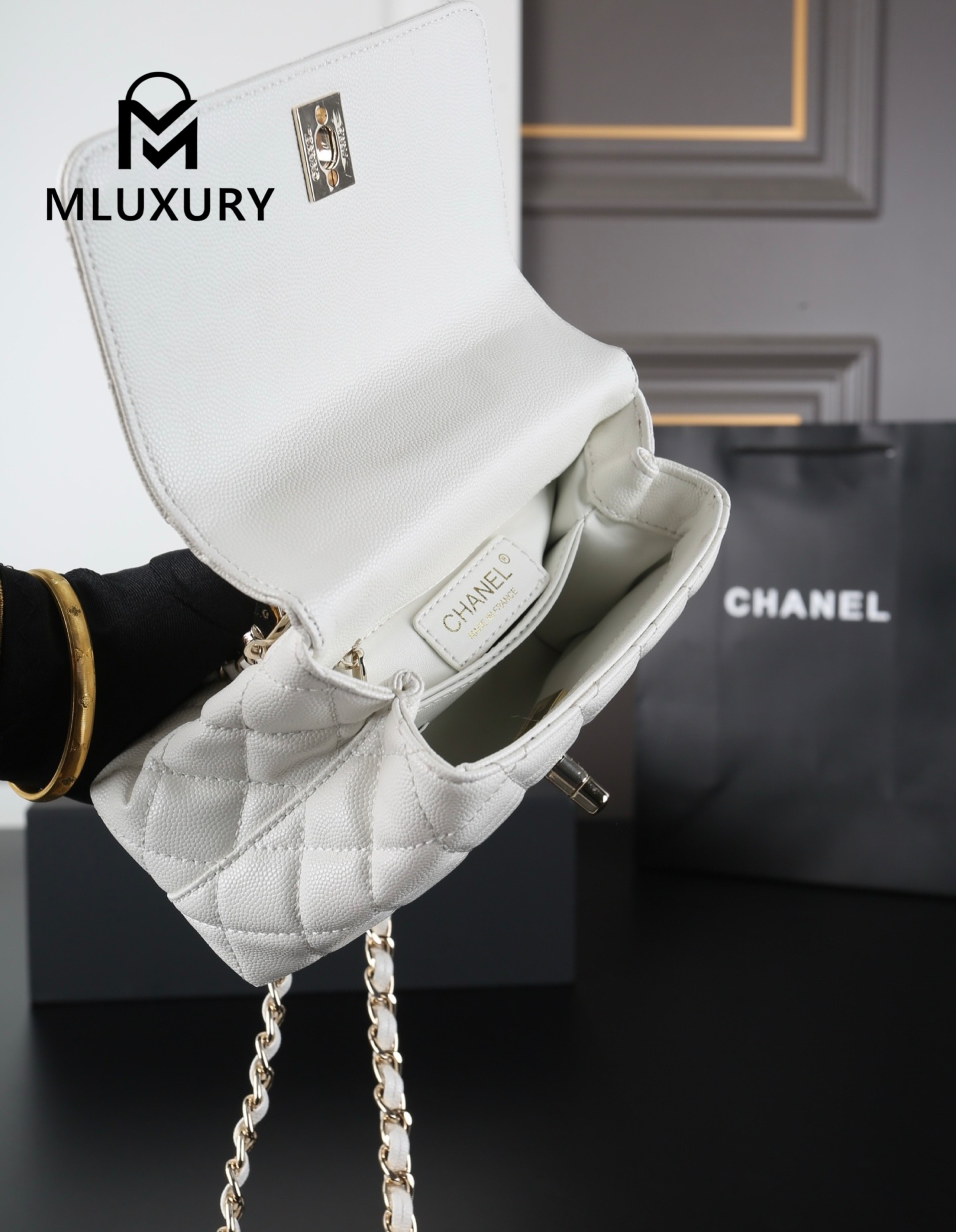 CHANEL Coco Handle Caviar Chain Bag, White