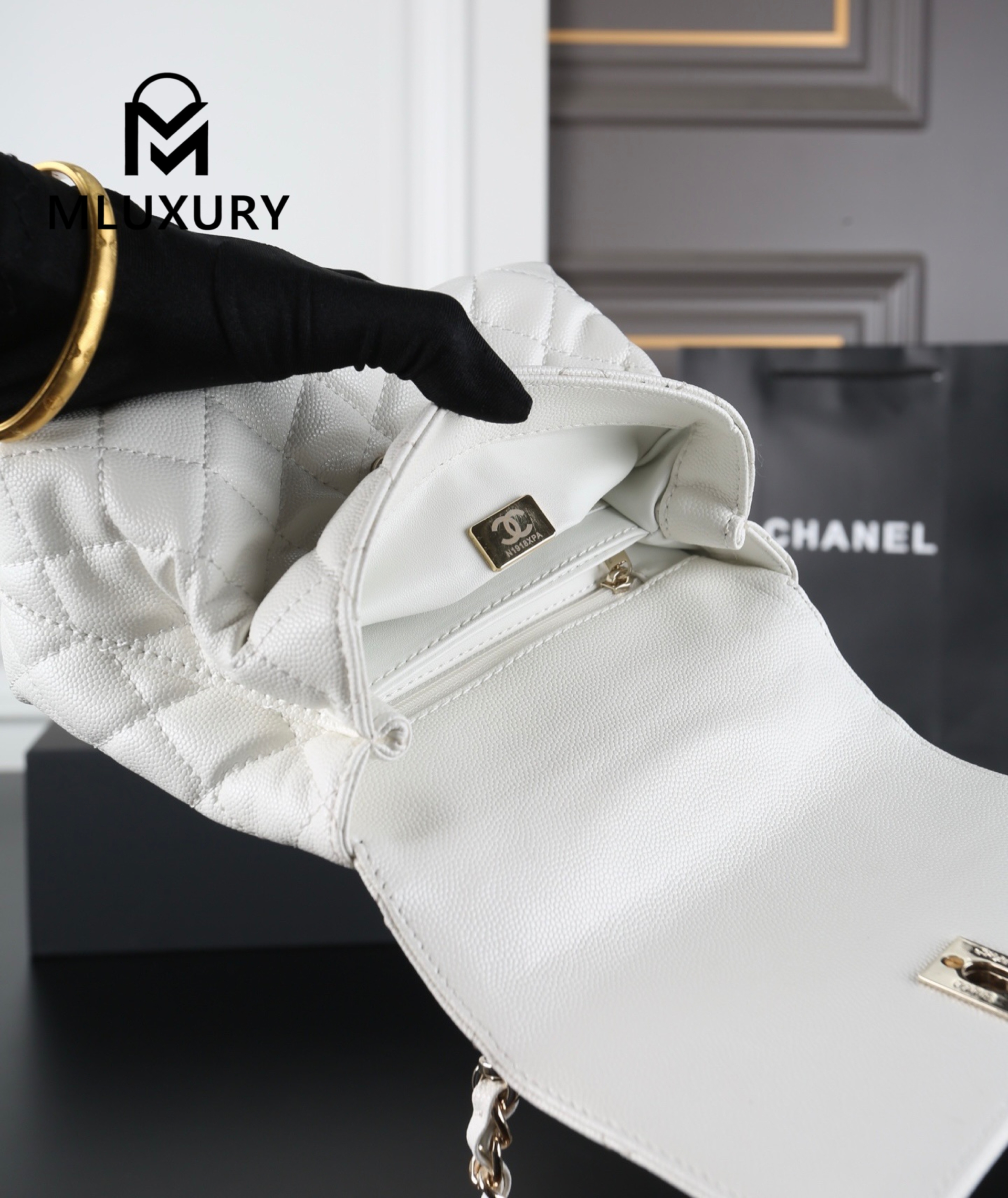 CHANEL Coco Handle Caviar Chain Bag, White