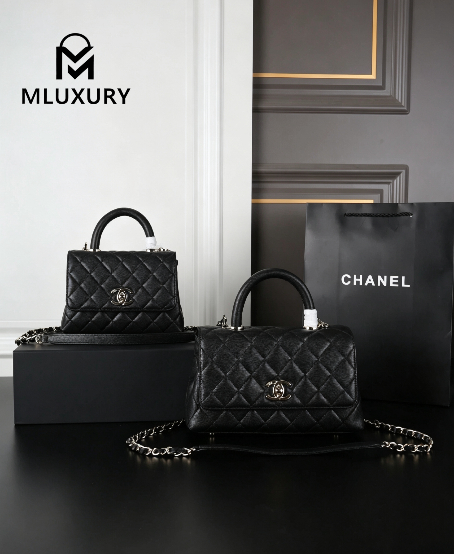 CHANEL Coco Handle Caviar Chain Bag, Black
