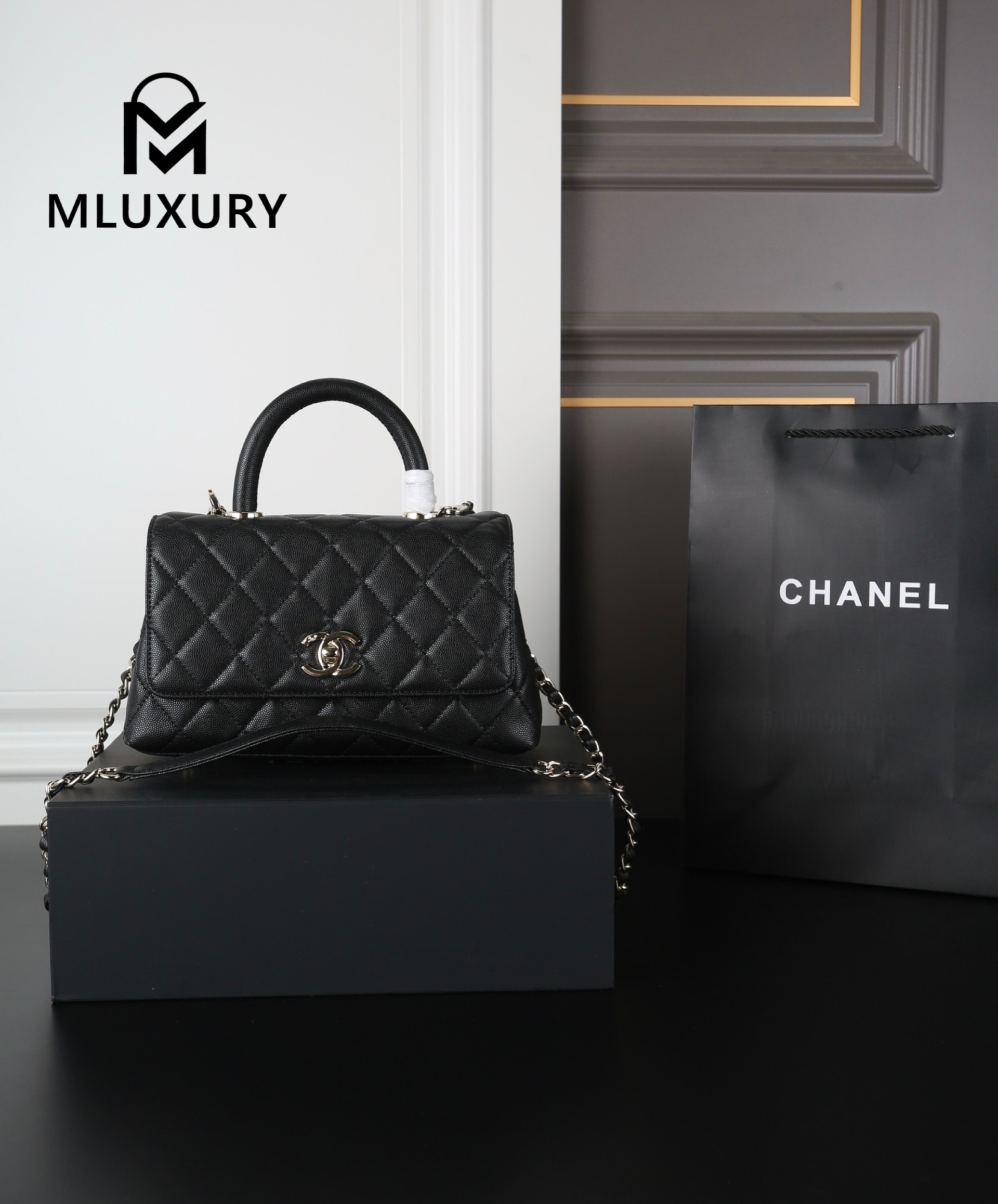 CHANEL Coco Handle Caviar Chain Bag, Black