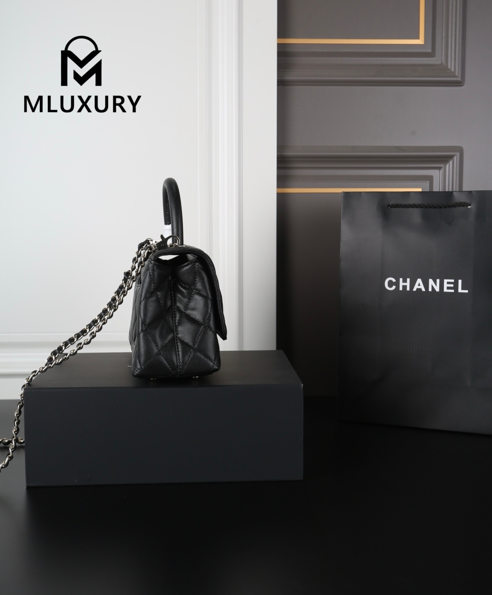 CHANEL Coco Handle Caviar Chain Bag, Black