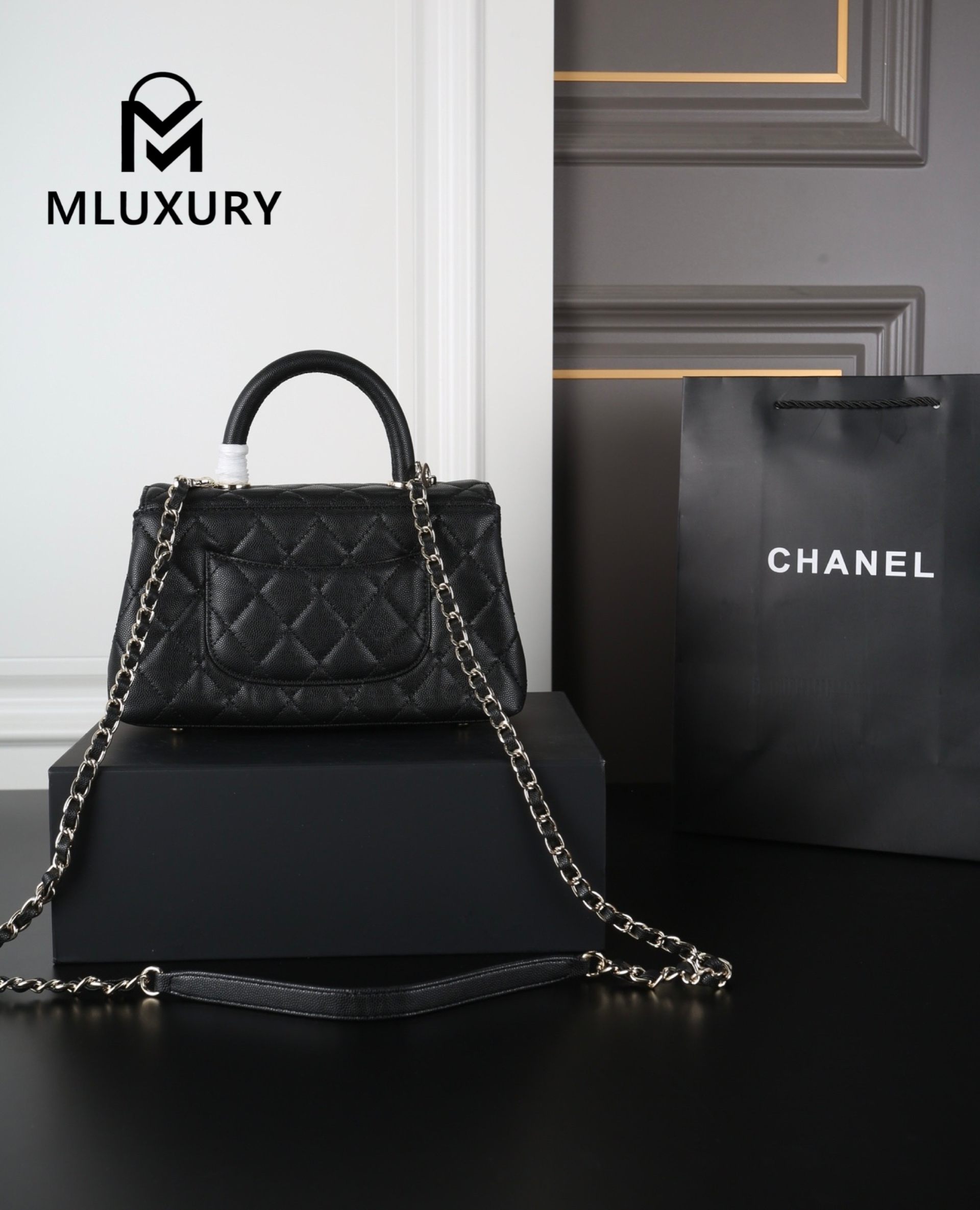 CHANEL Coco Handle Caviar Chain Bag, Black