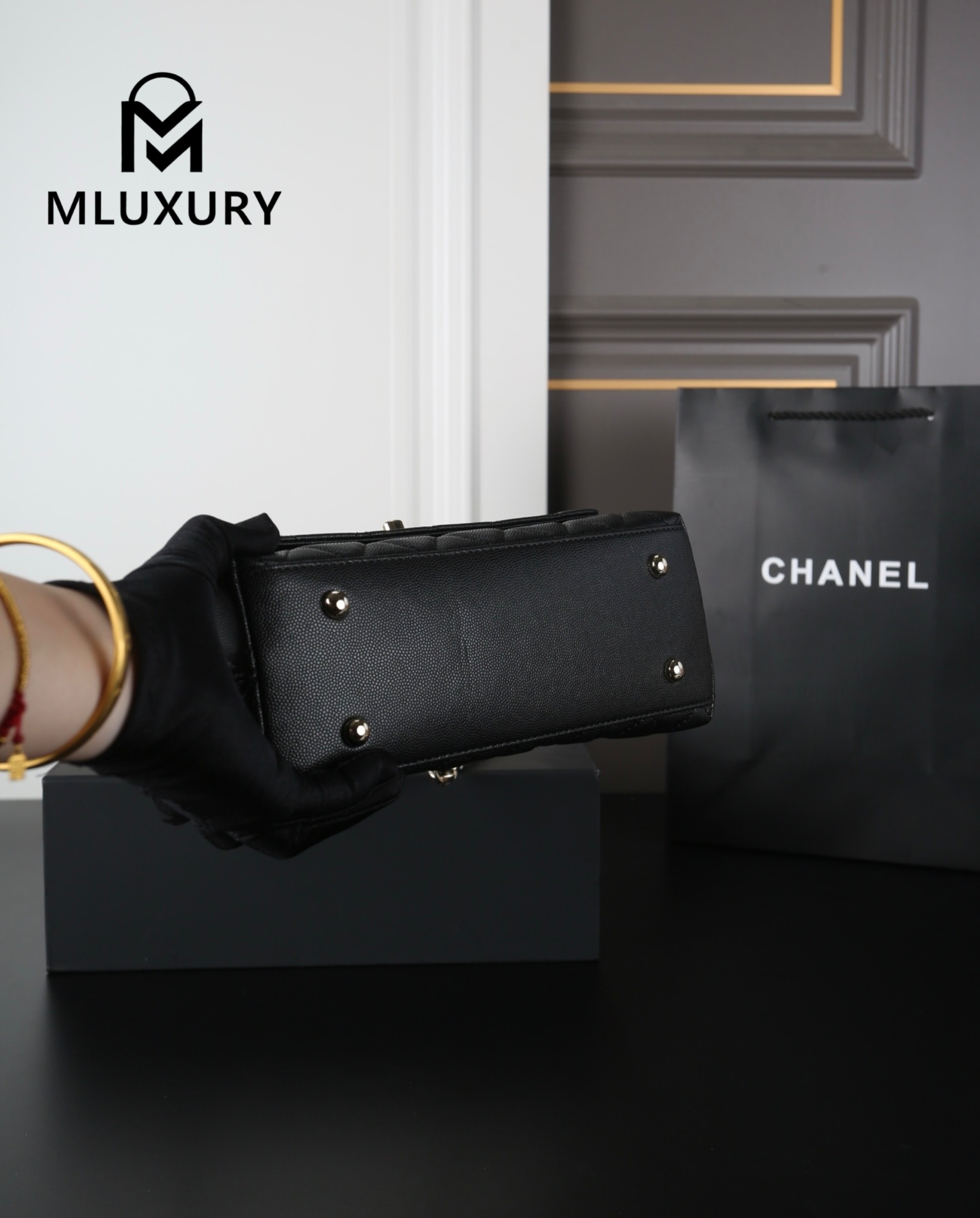 CHANEL Coco Handle Caviar Chain Bag, Black