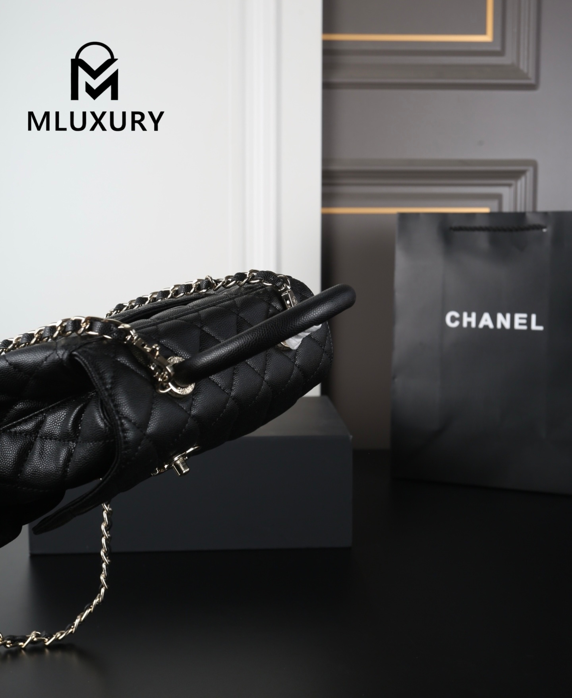 CHANEL Coco Handle Caviar Chain Bag, Black