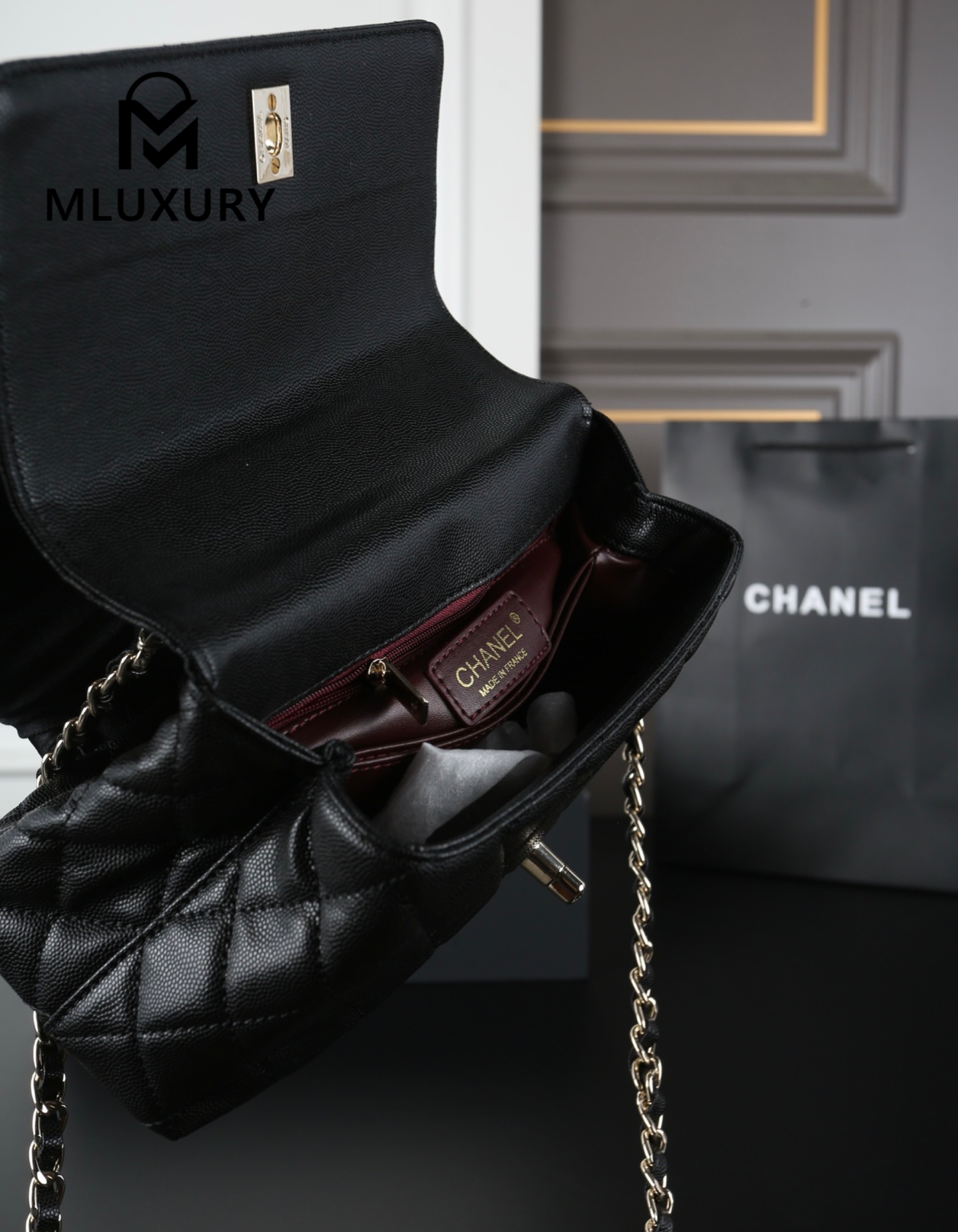 CHANEL Coco Handle Caviar Chain Bag, Black