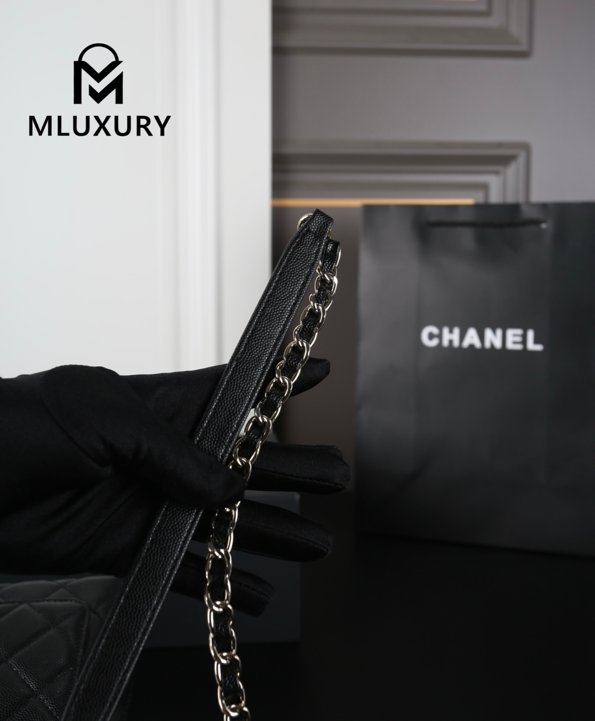 CHANEL Coco Handle Caviar Chain Bag, Black