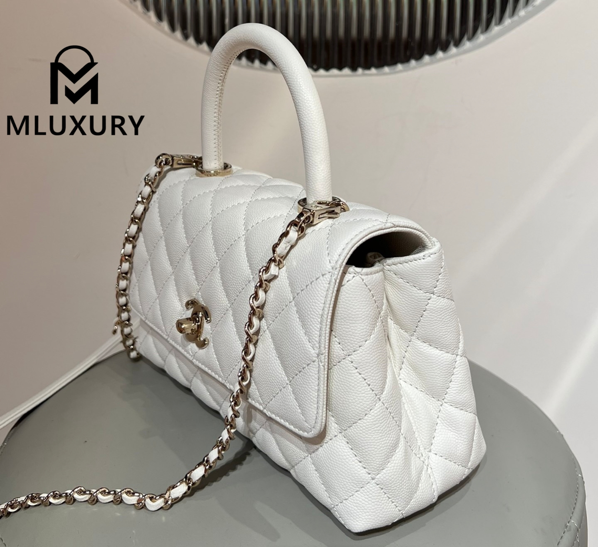 CHANEL Coco Handle Small, White with Light Gold Buckle