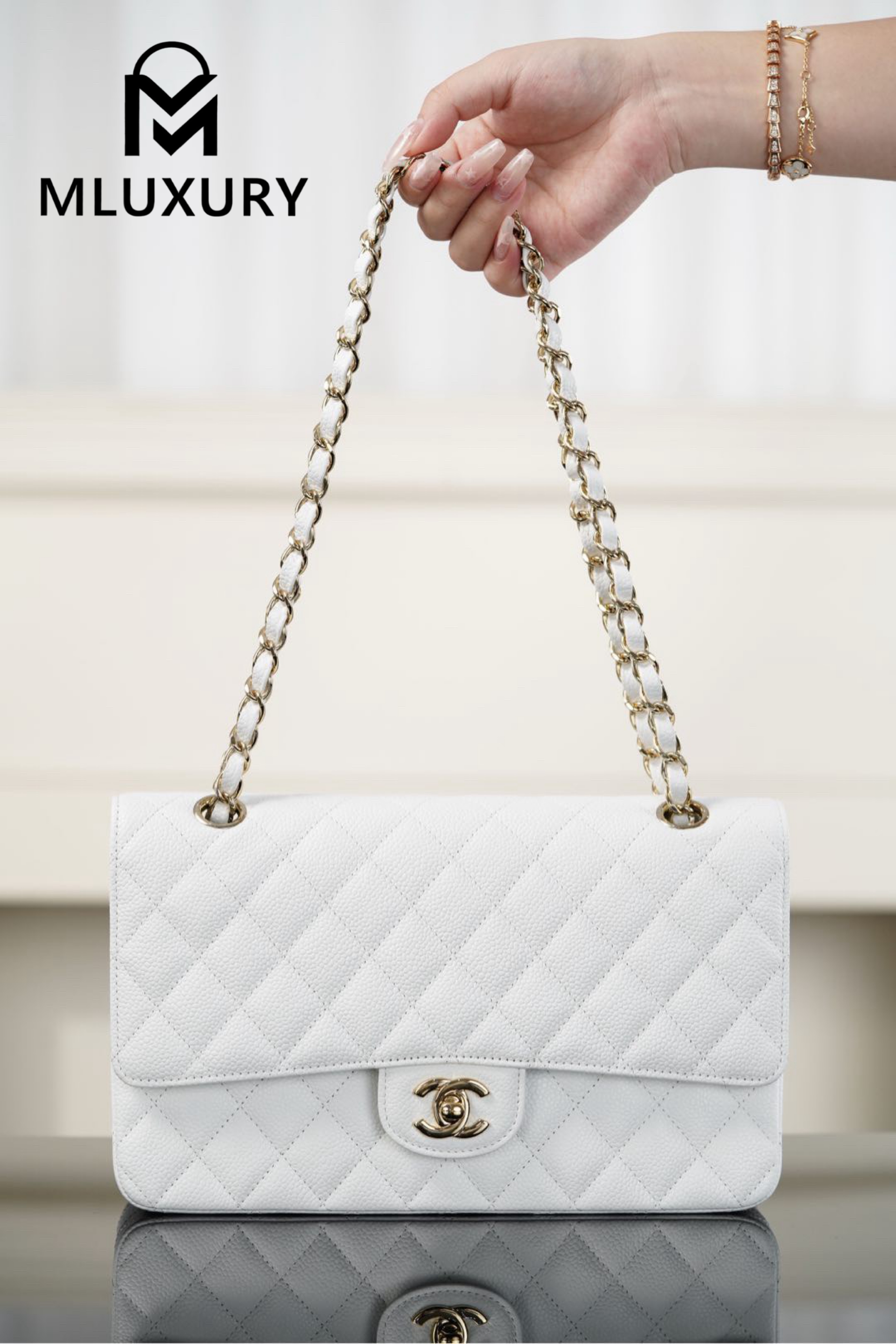 CHANEL CF25 Classic Flap (Medium), White&Gold
