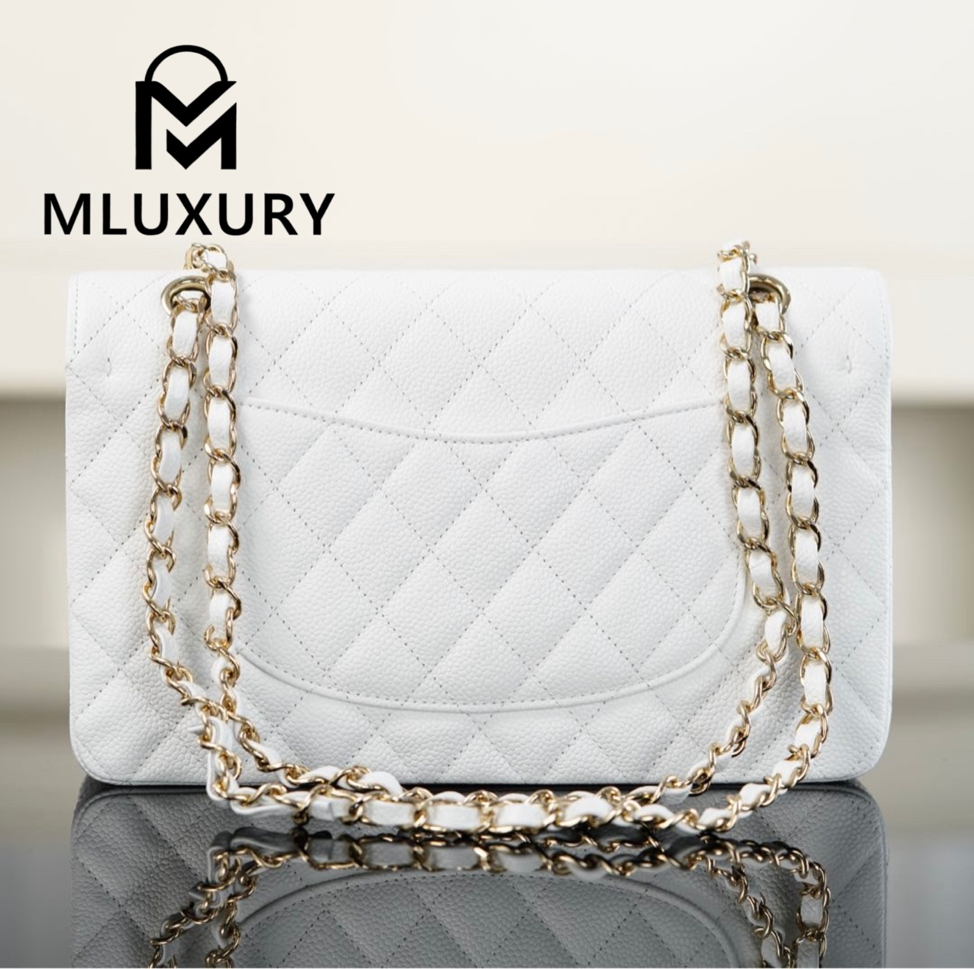CHANEL CF25 Classic Flap (Medium), White&Gold