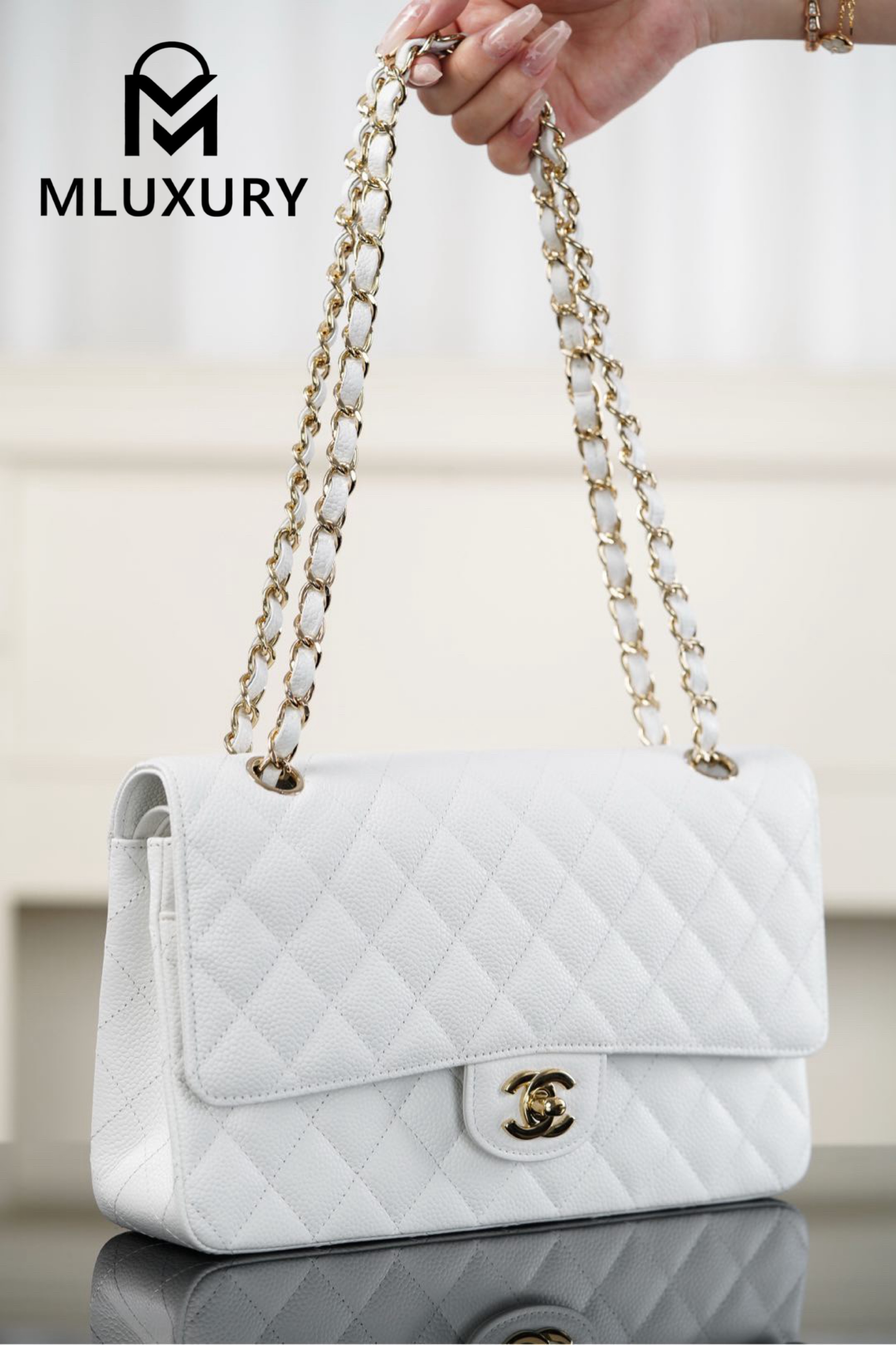 CHANEL CF25 Classic Flap (Medium), White&Gold