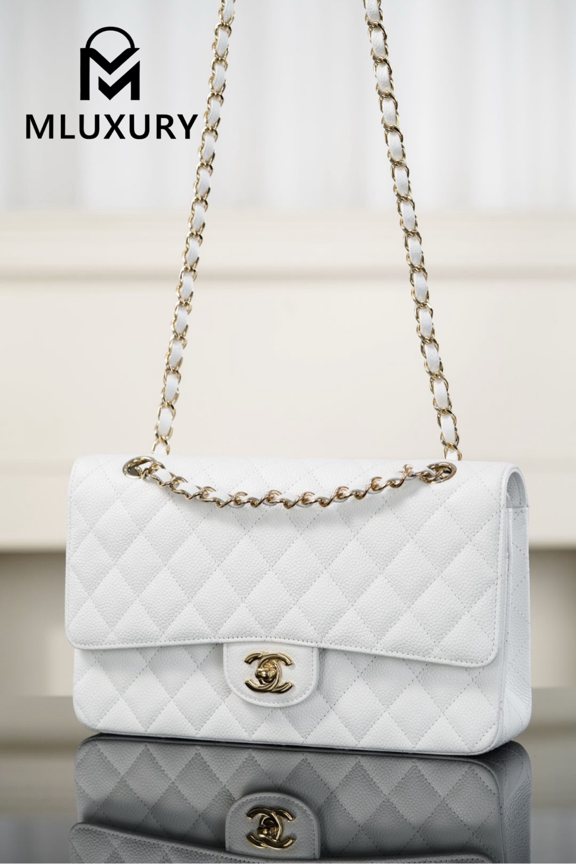 CHANEL CF25 Classic Flap (Medium), White&Gold