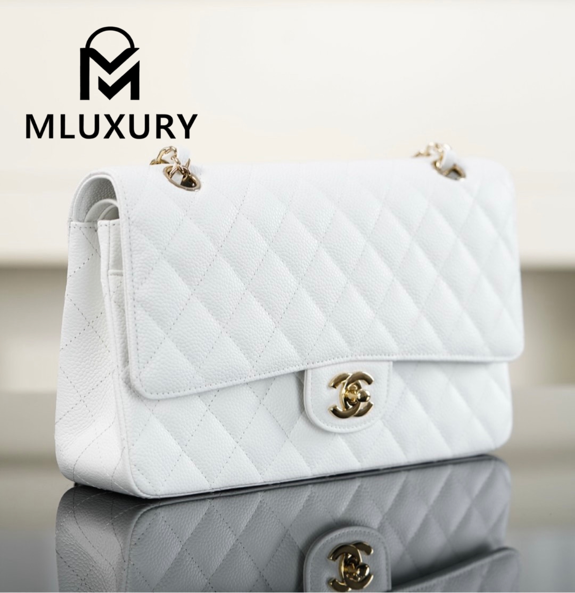 CHANEL CF25 Classic Flap (Medium), White&Gold