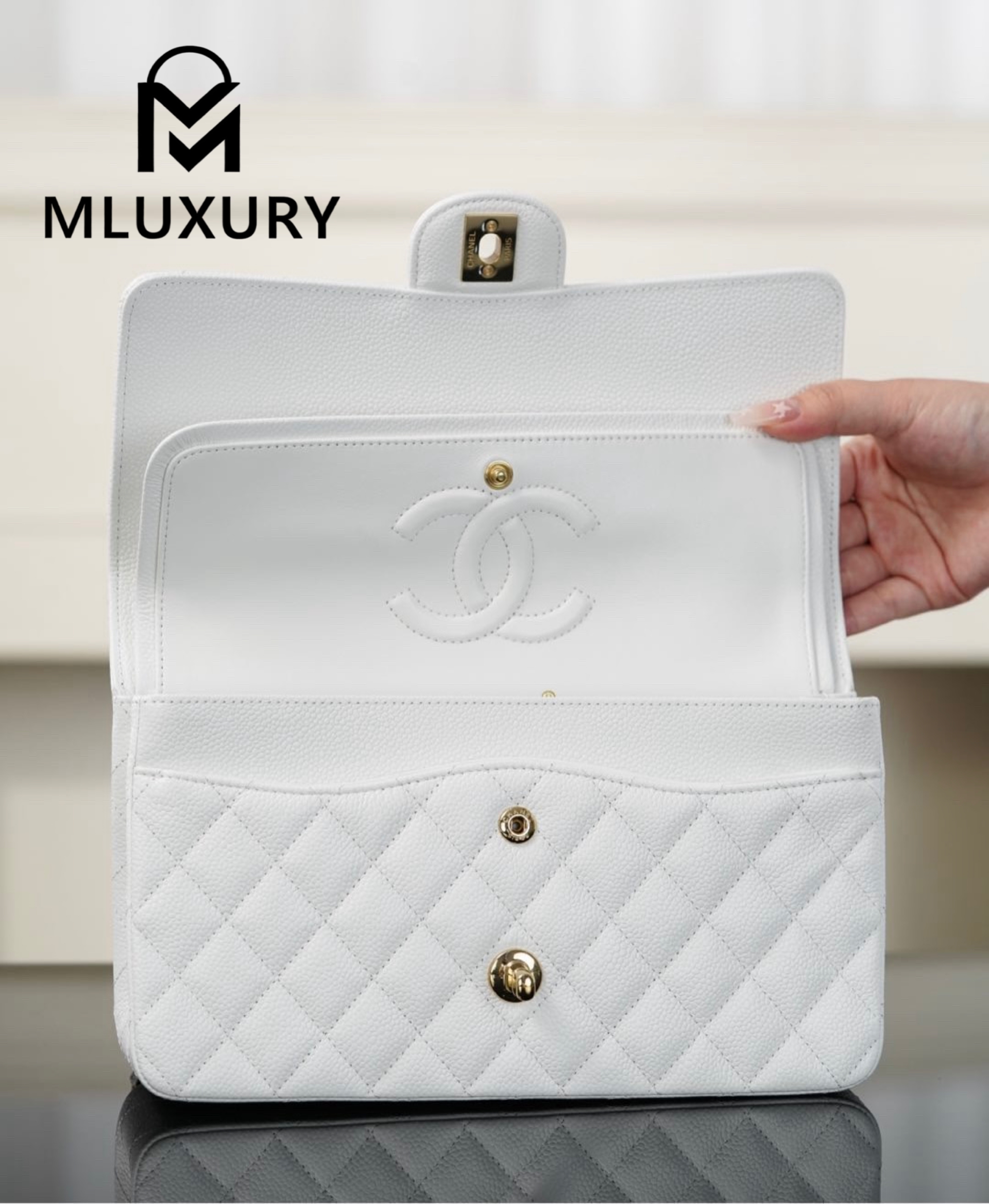 CHANEL CF25 Classic Flap (Medium), White&Gold