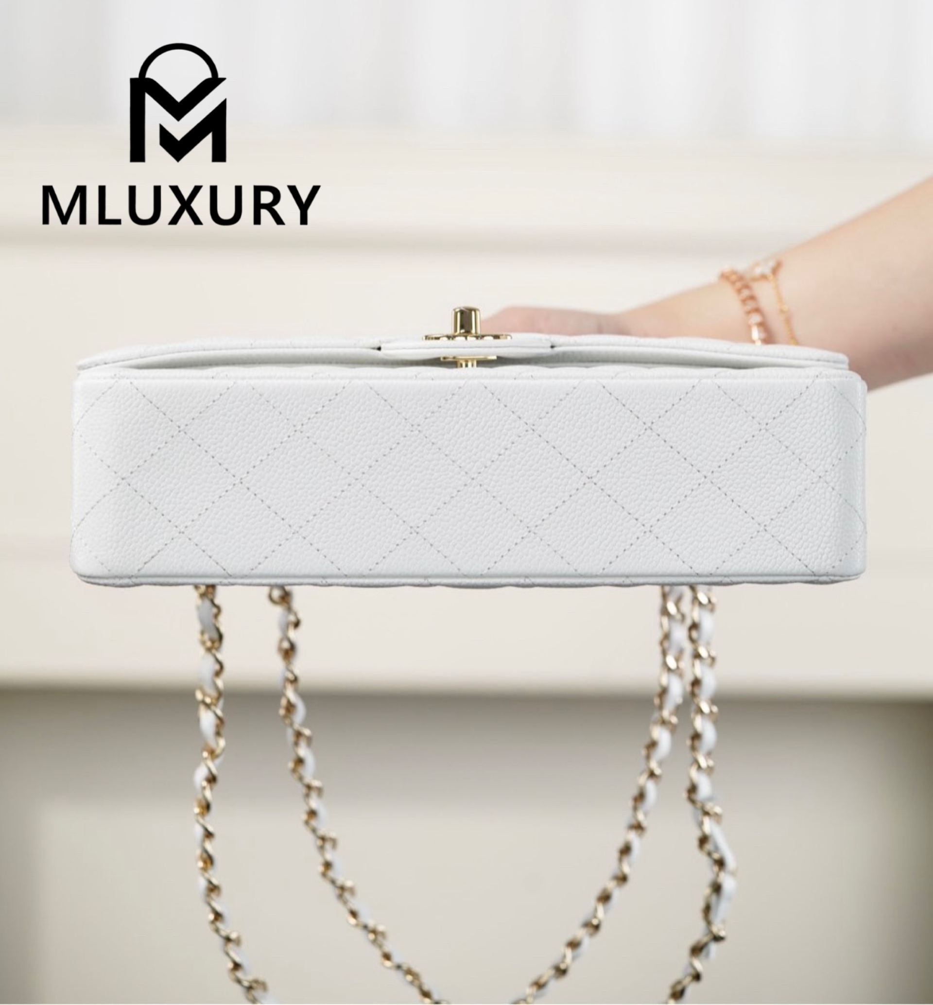 CHANEL CF25 Classic Flap (Medium), White&Gold