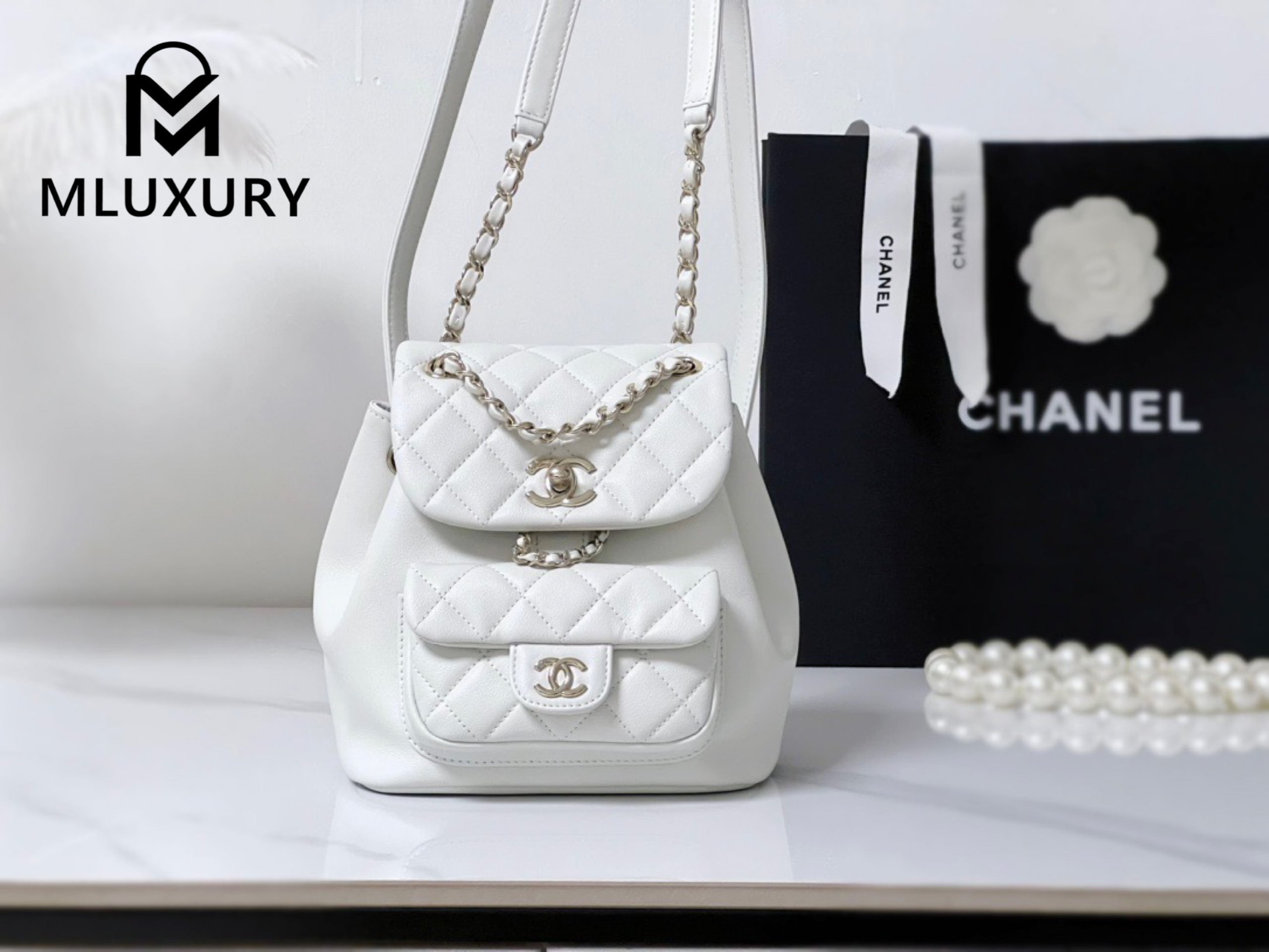 CHANEL 23Duma Small Backpack, White
