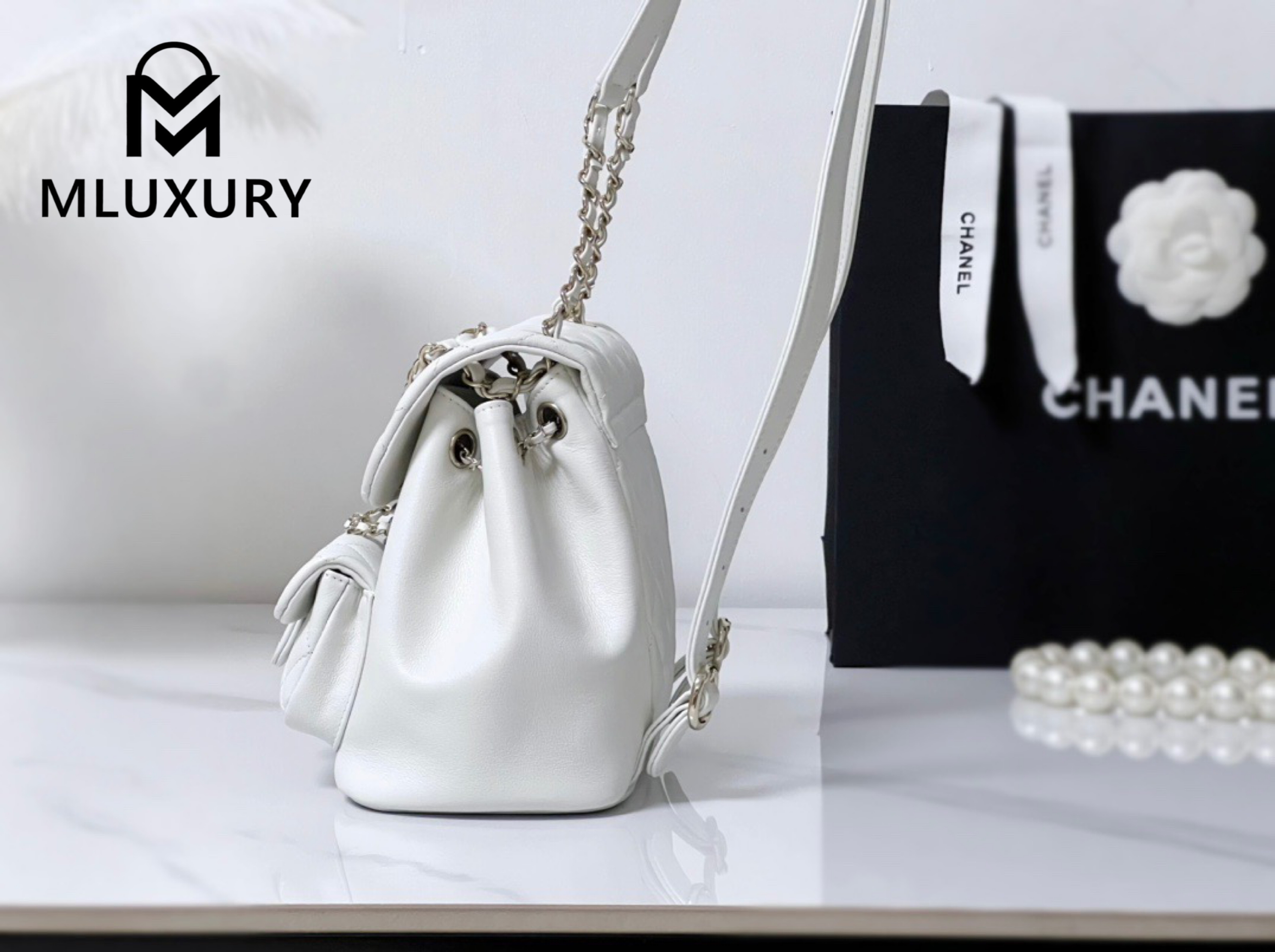 CHANEL 23Duma Small Backpack, White
