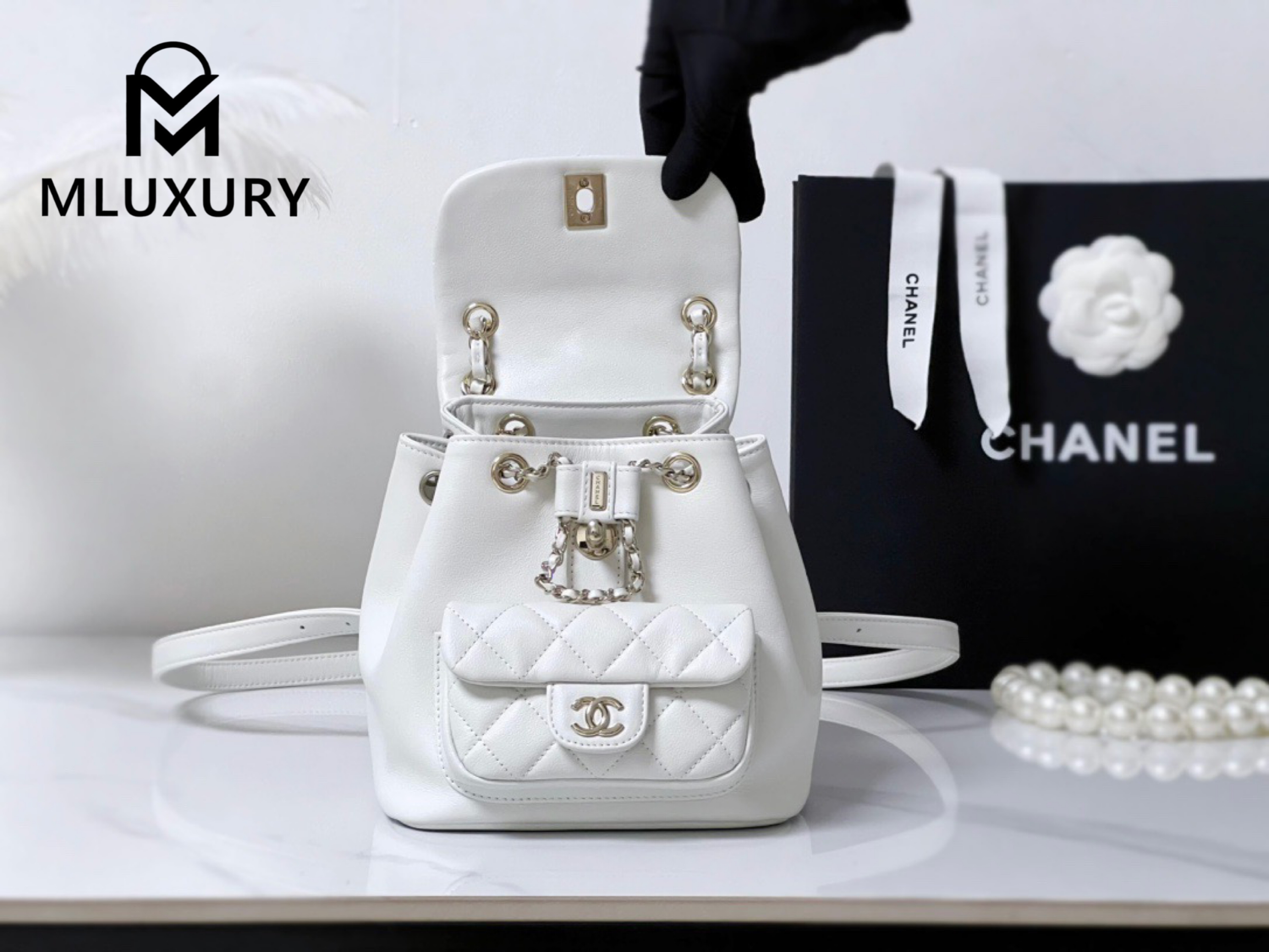 CHANEL 23Duma Small Backpack, White