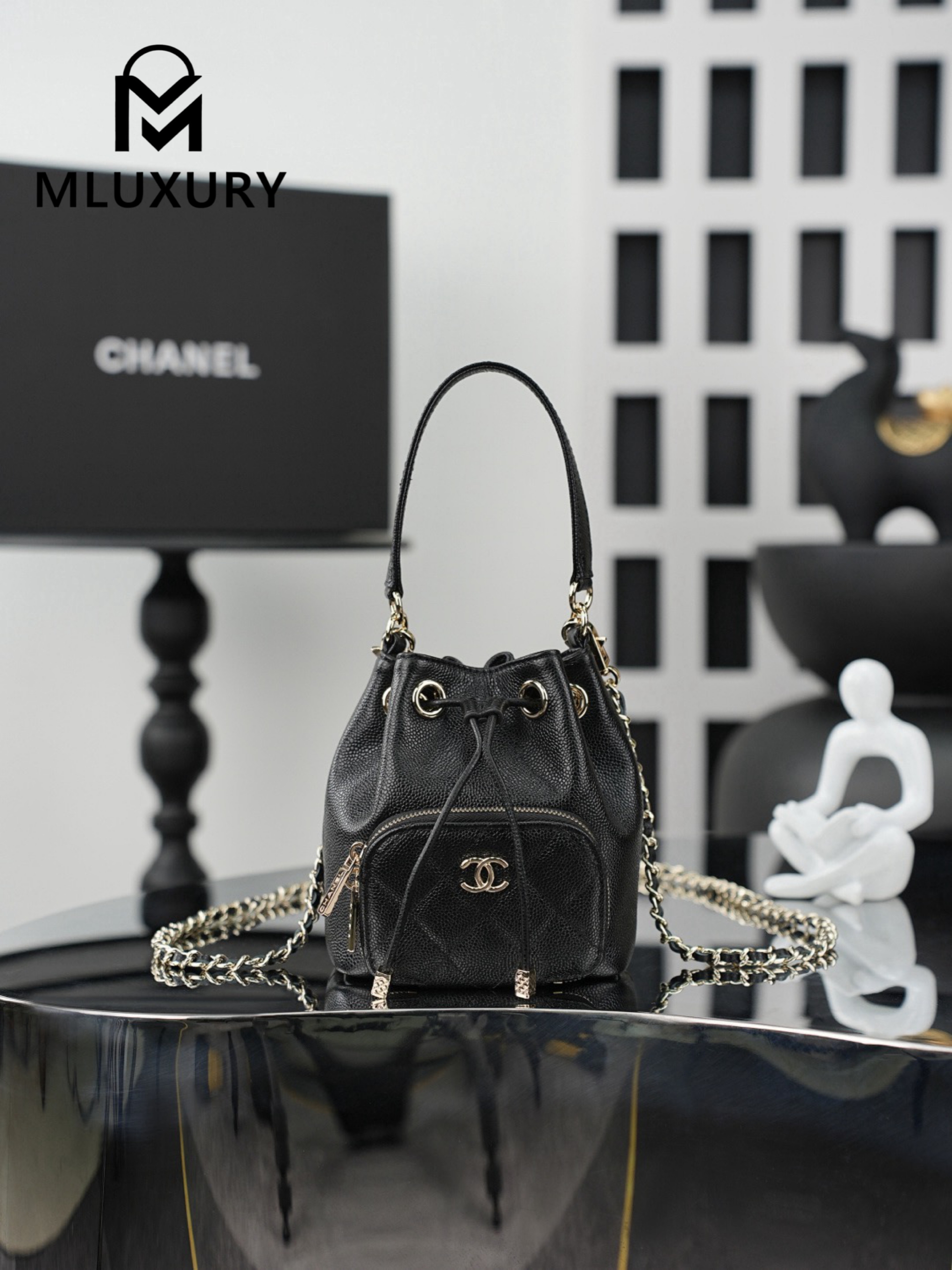 CHANEL 25B mini chain drawstring bucket bag, Black