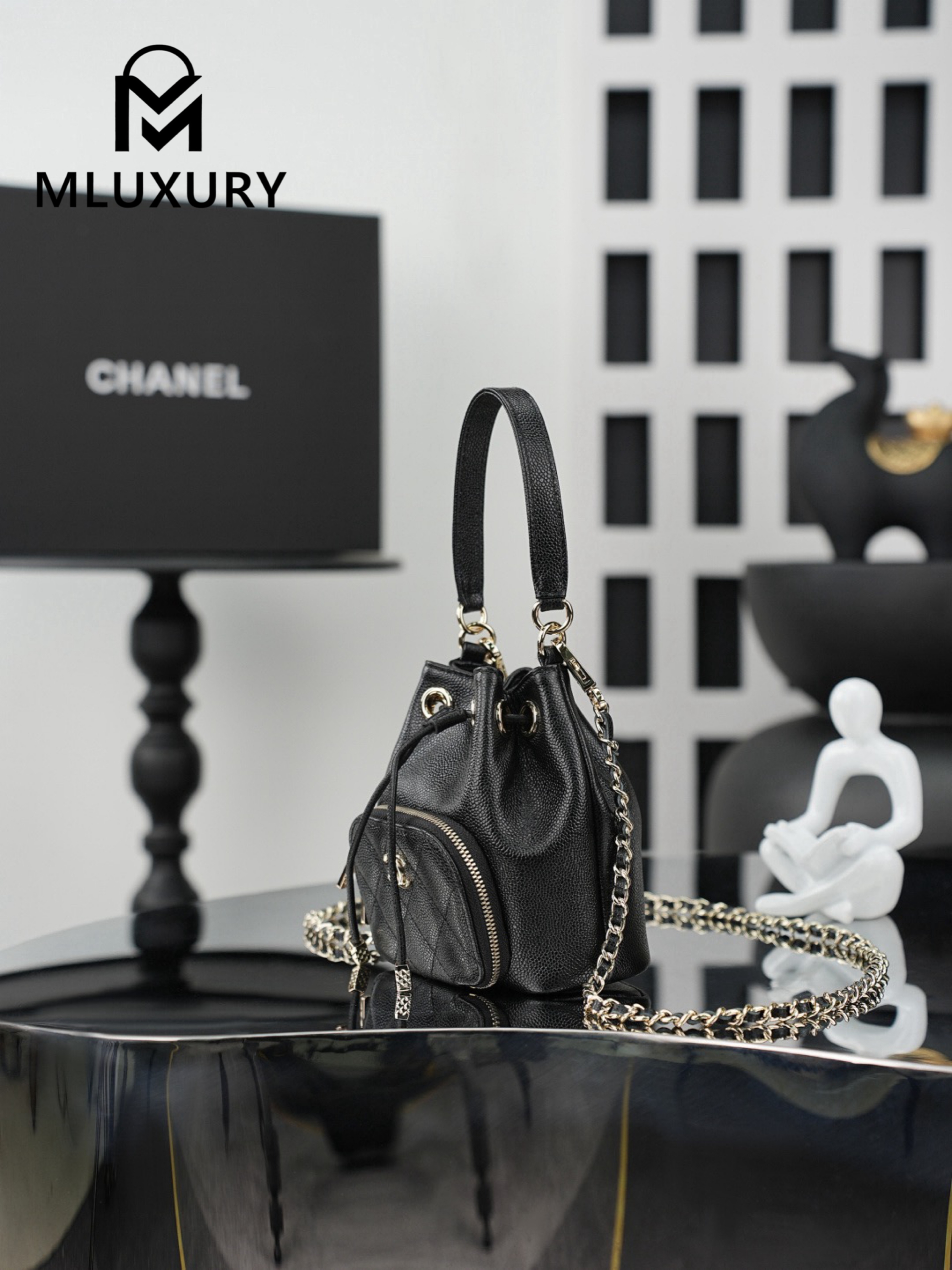 CHANEL 25B mini chain drawstring bucket bag, Black