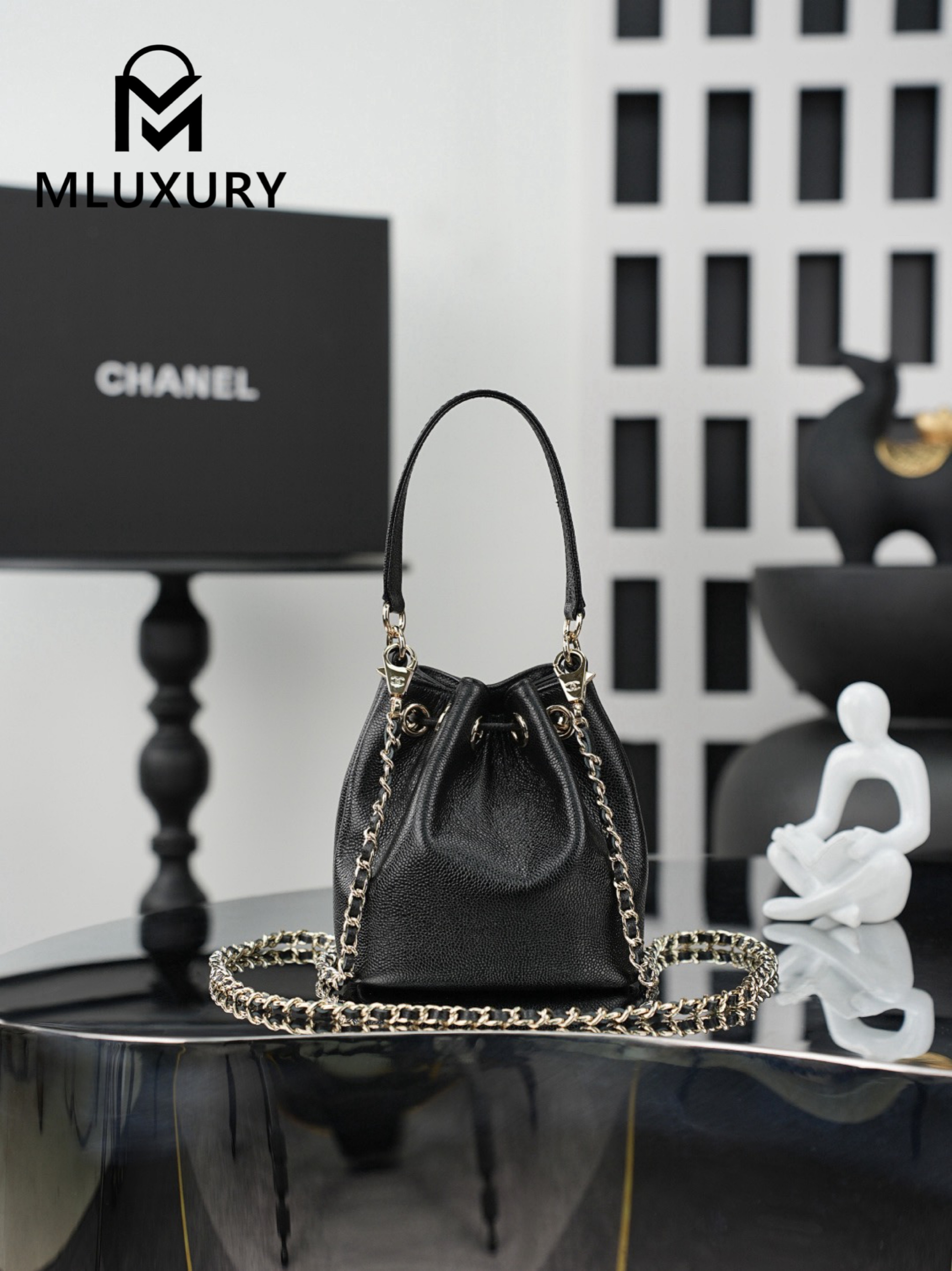 CHANEL 25B mini chain drawstring bucket bag, Black