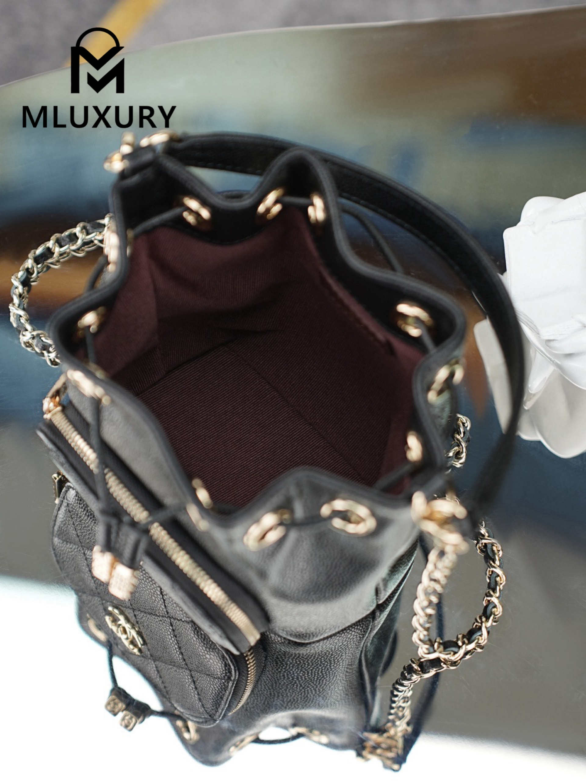 CHANEL 25B mini chain drawstring bucket bag, Black