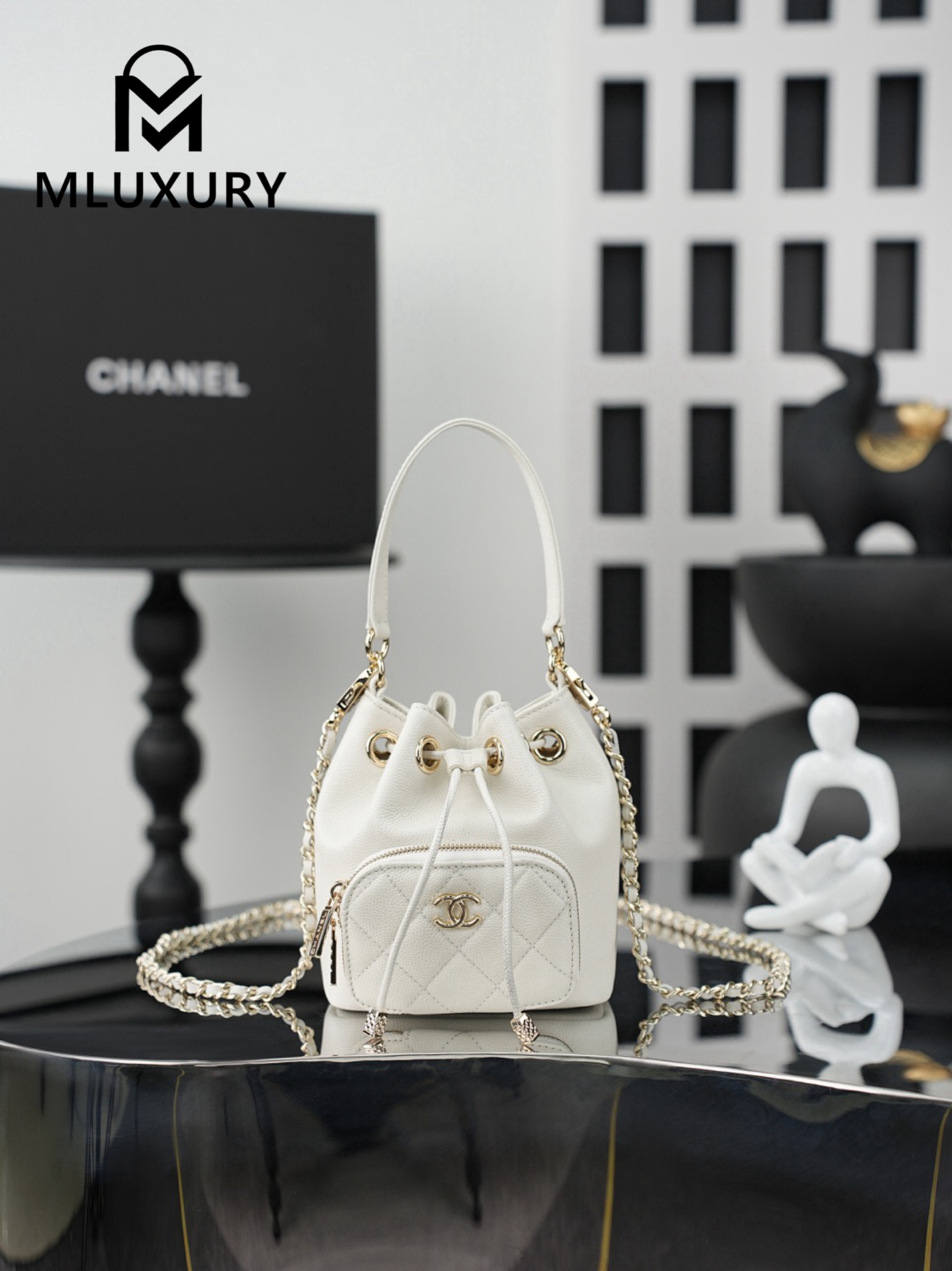 CHANEL 25B mini chain drawstring bucket bag, White