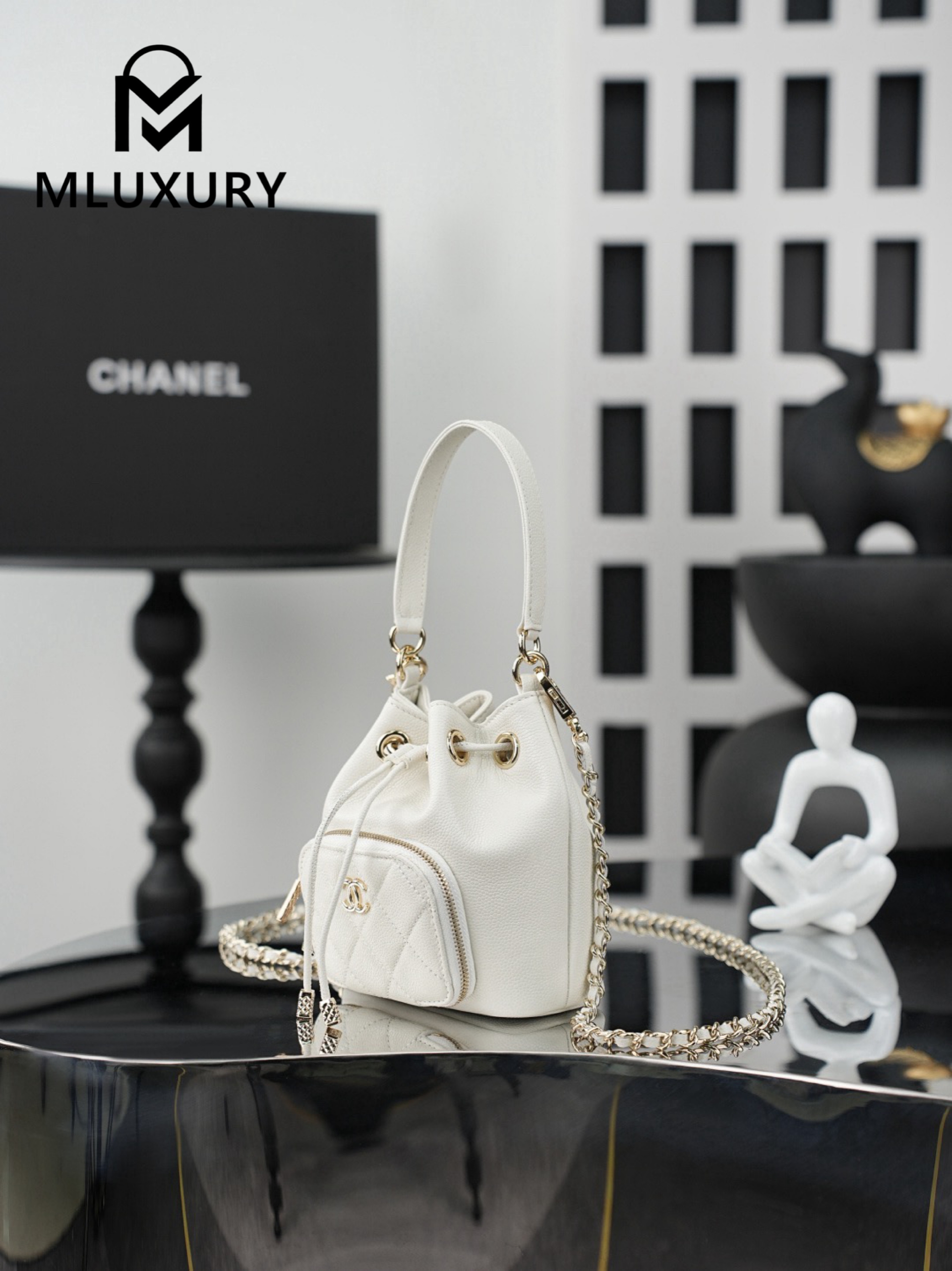 CHANEL 25B mini chain drawstring bucket bag, White
