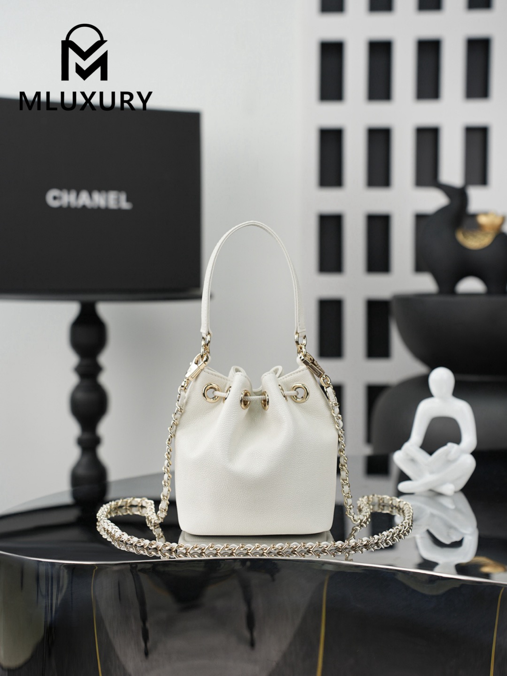 CHANEL 25B mini chain drawstring bucket bag, White