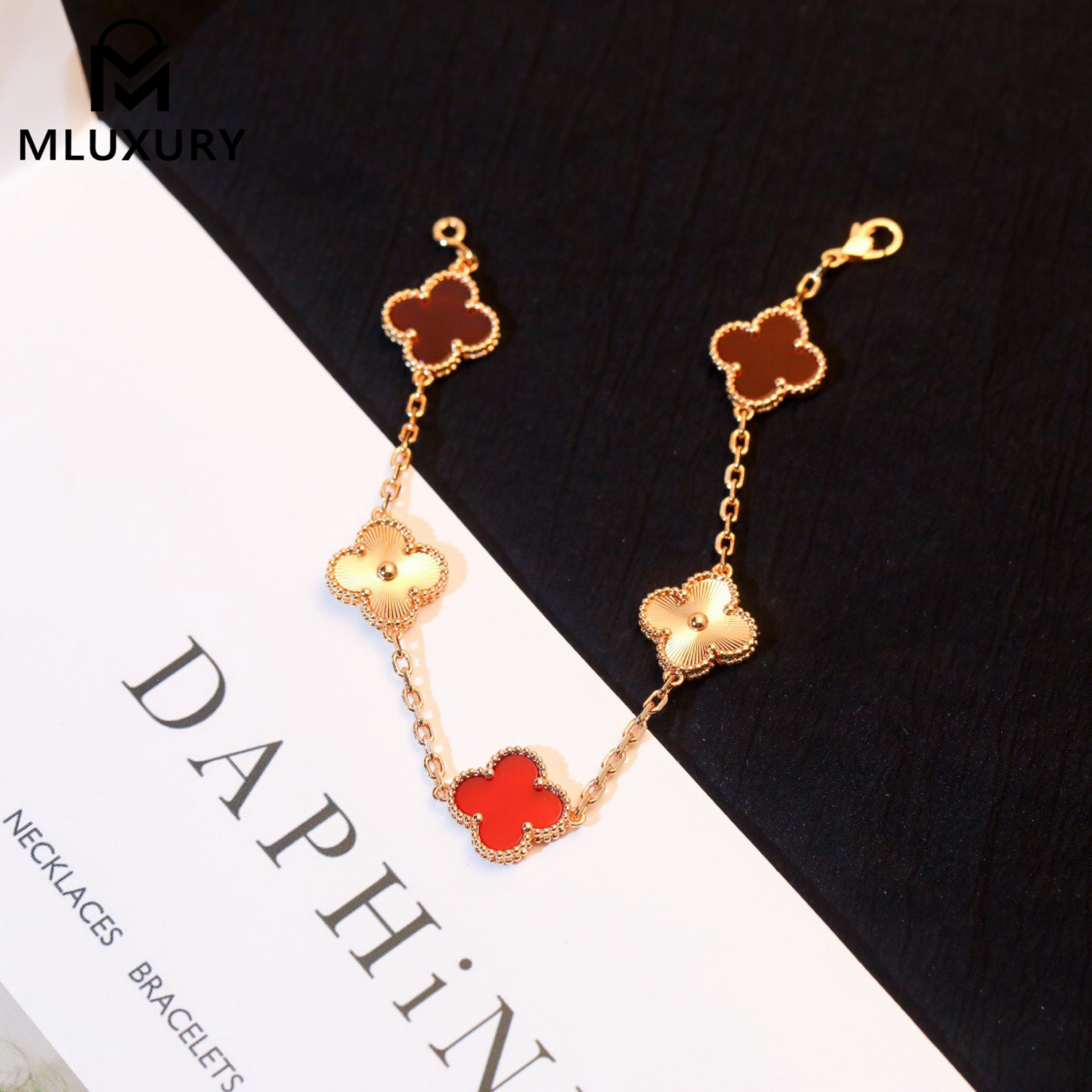 Van Cleef & Arpels Carnelian Four-Leaf Clover Bracelet with Gem-cut Floral Design