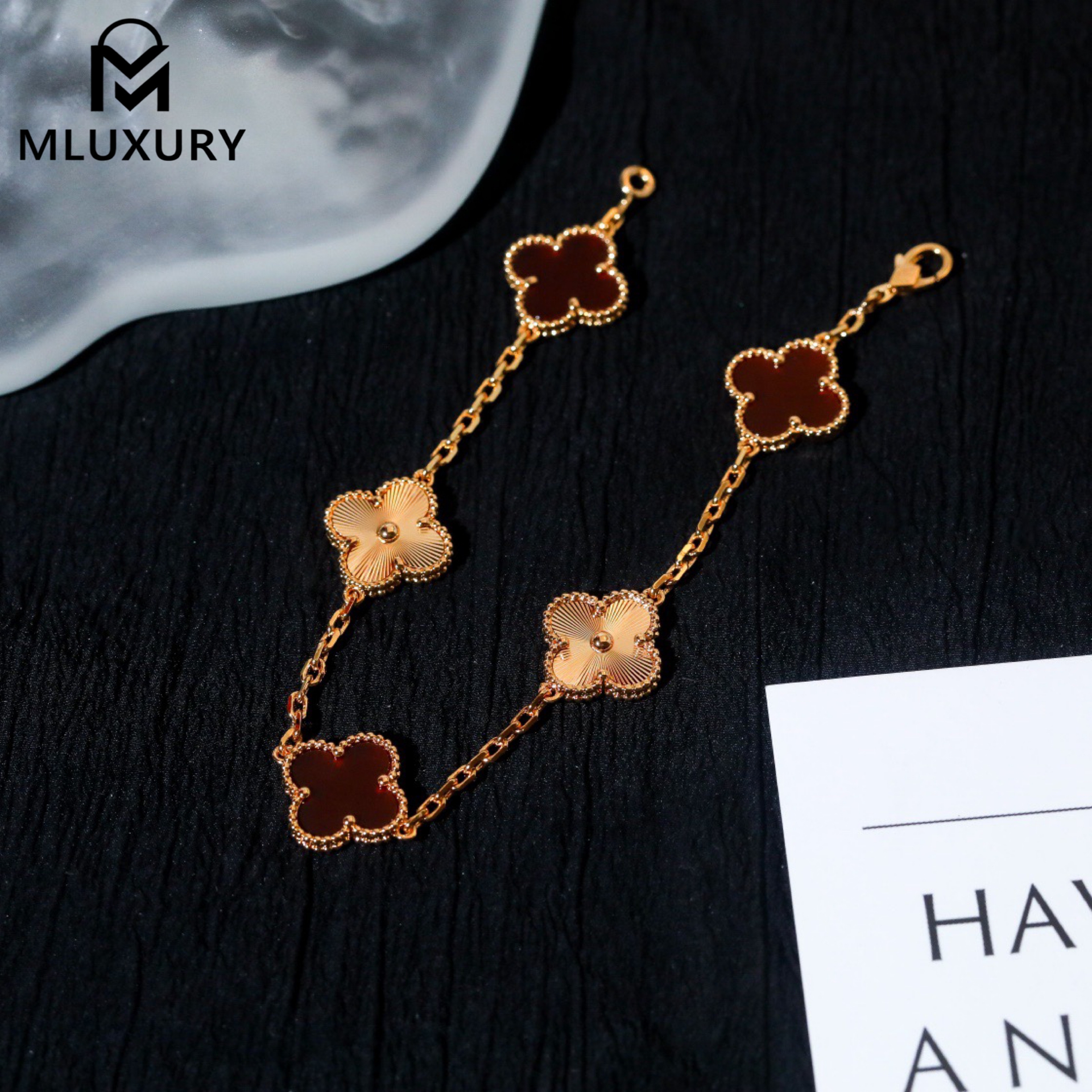 Van Cleef & Arpels Carnelian Four-Leaf Clover Bracelet with Gem-cut Floral Design
