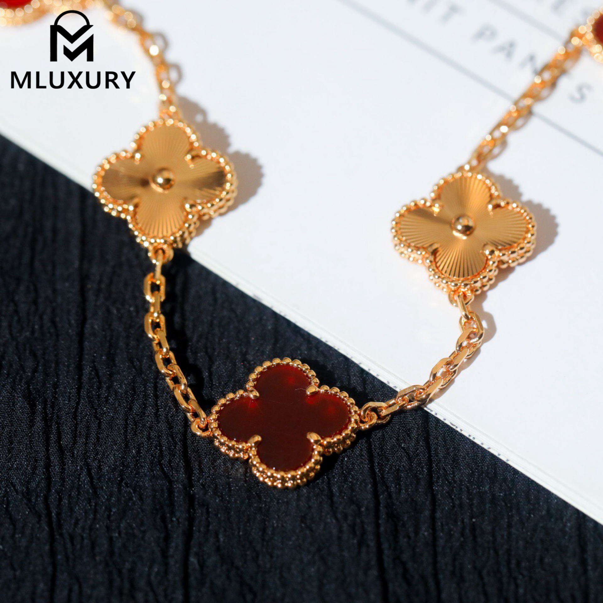 Van Cleef & Arpels Carnelian Four-Leaf Clover Bracelet with Gem-cut Floral Design