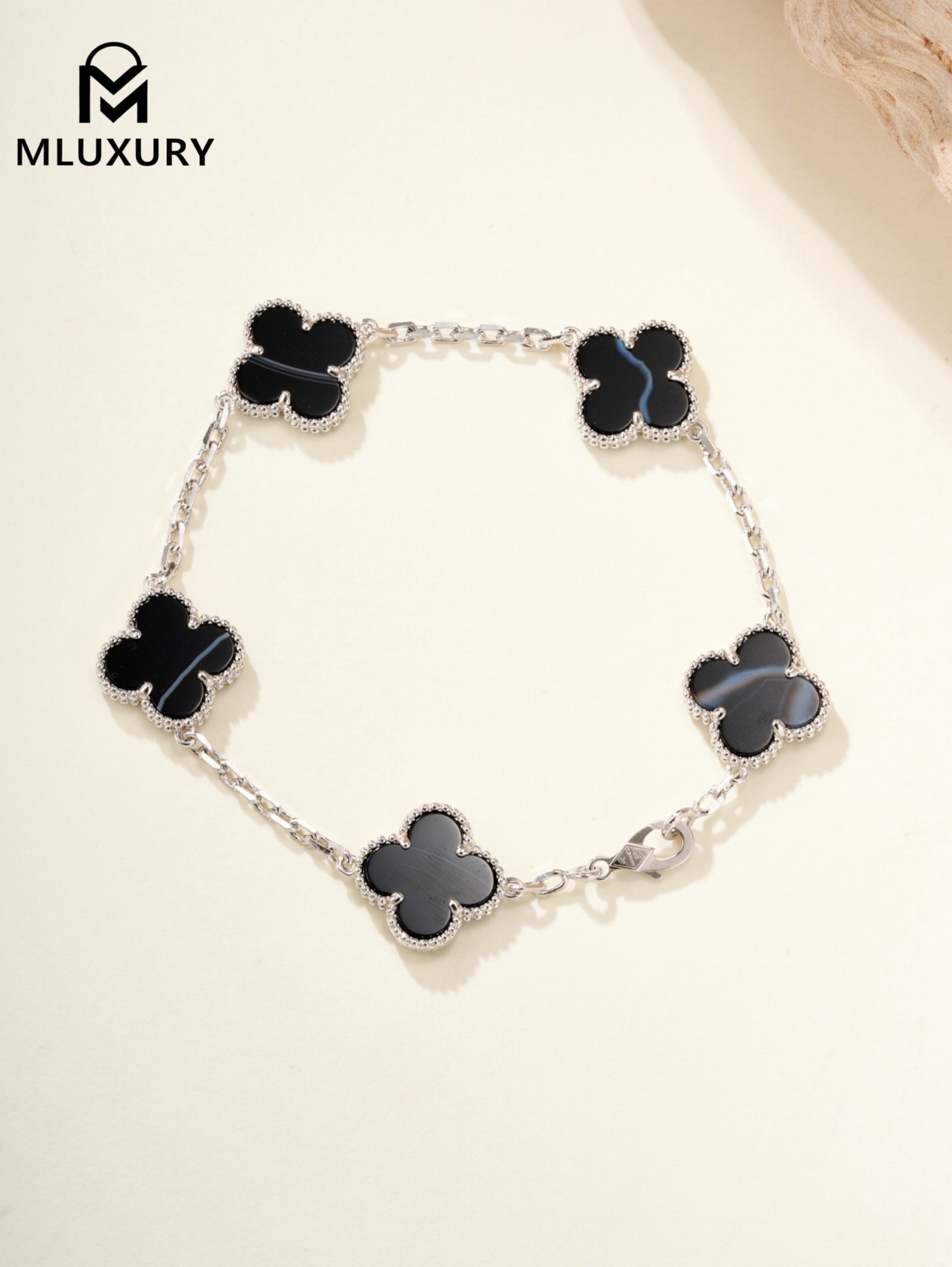 Van Cleef & Arpels Black Jacquard Five-Flower Bracelet in White Gold