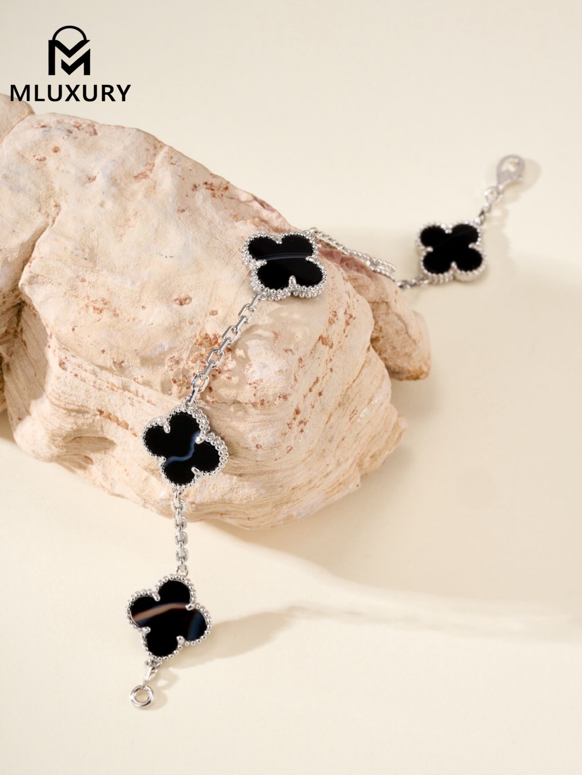 Van Cleef & Arpels Black Jacquard Five-Flower Bracelet in White Gold