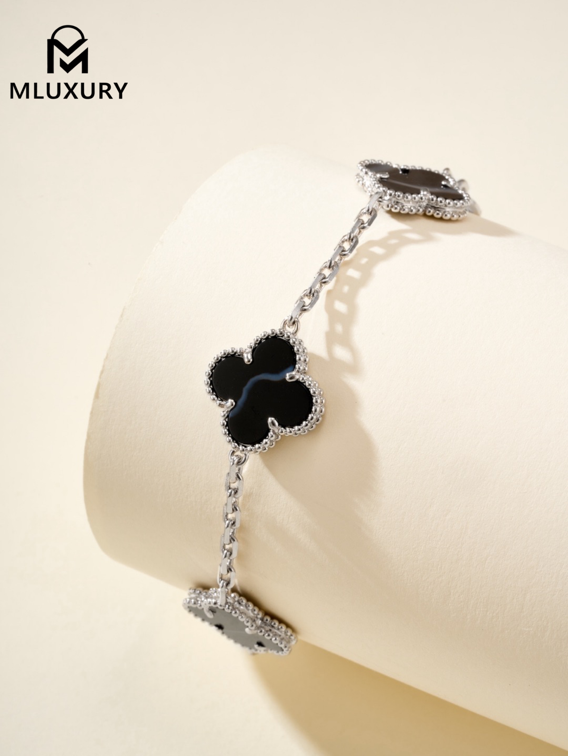 Van Cleef & Arpels Black Jacquard Five-Flower Bracelet in White Gold