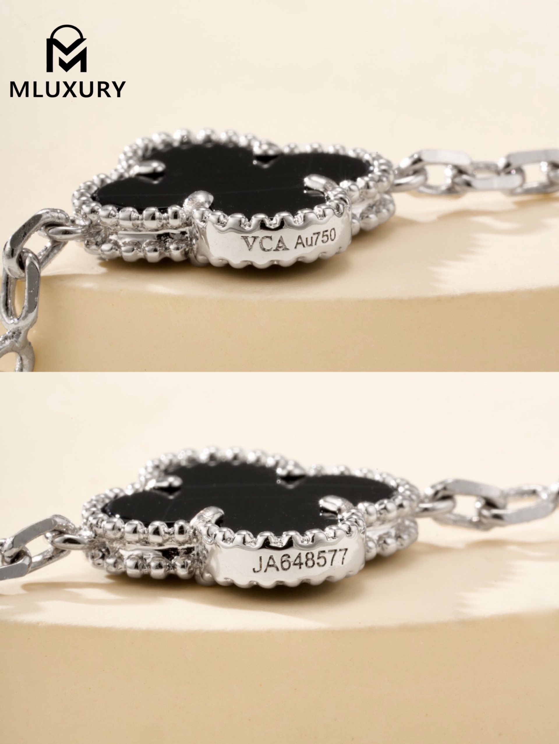 Van Cleef & Arpels Black Jacquard Five-Flower Bracelet in White Gold