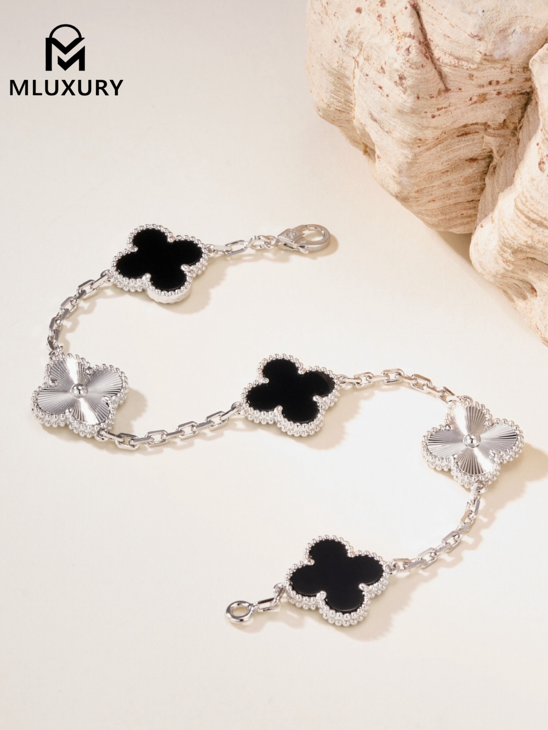 Van Cleef & Arpels Black Onyx Floral Bracelet in White Gold