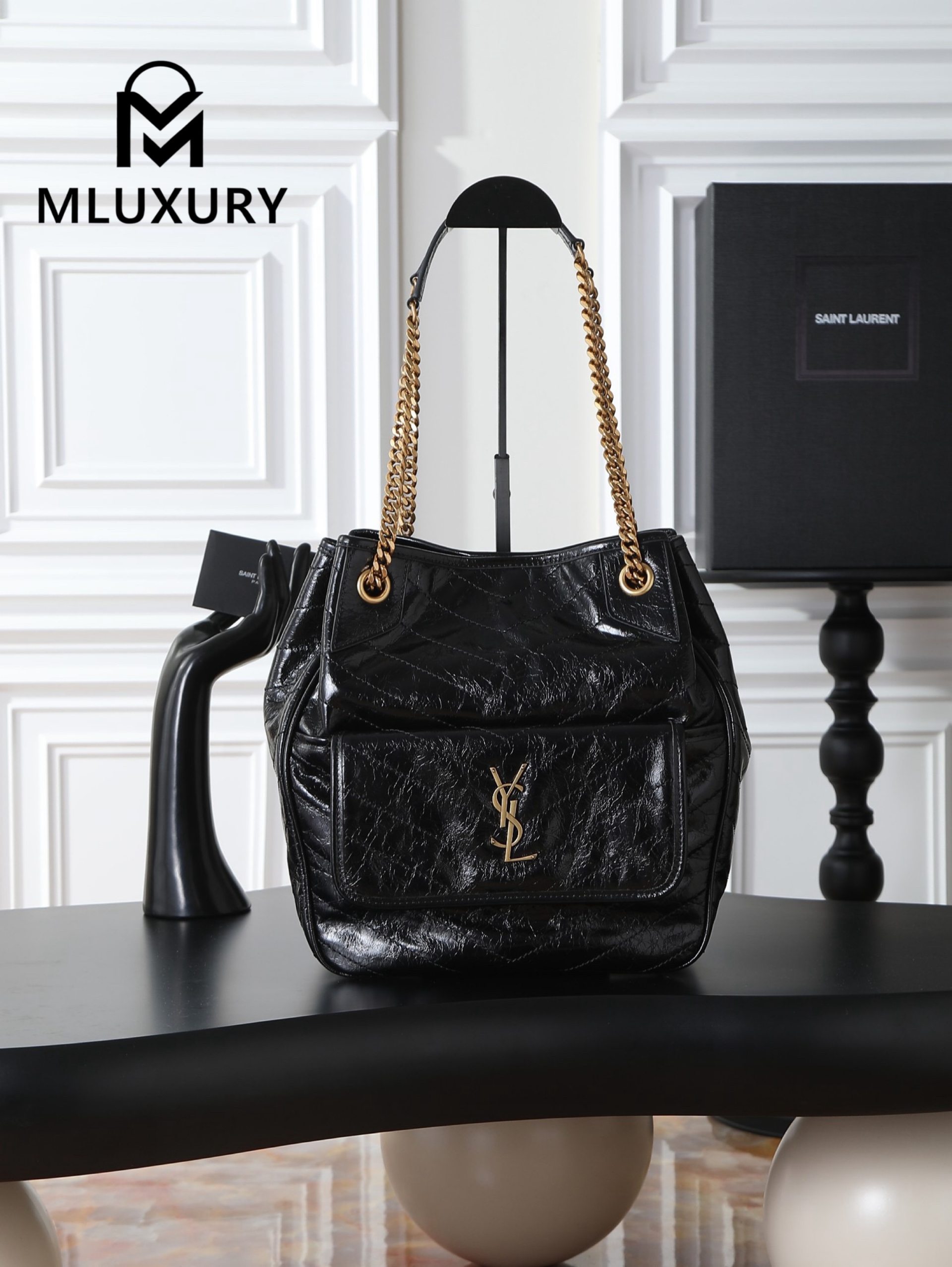 YSL NIKI Oil-waxed Black Leather with Gold accents