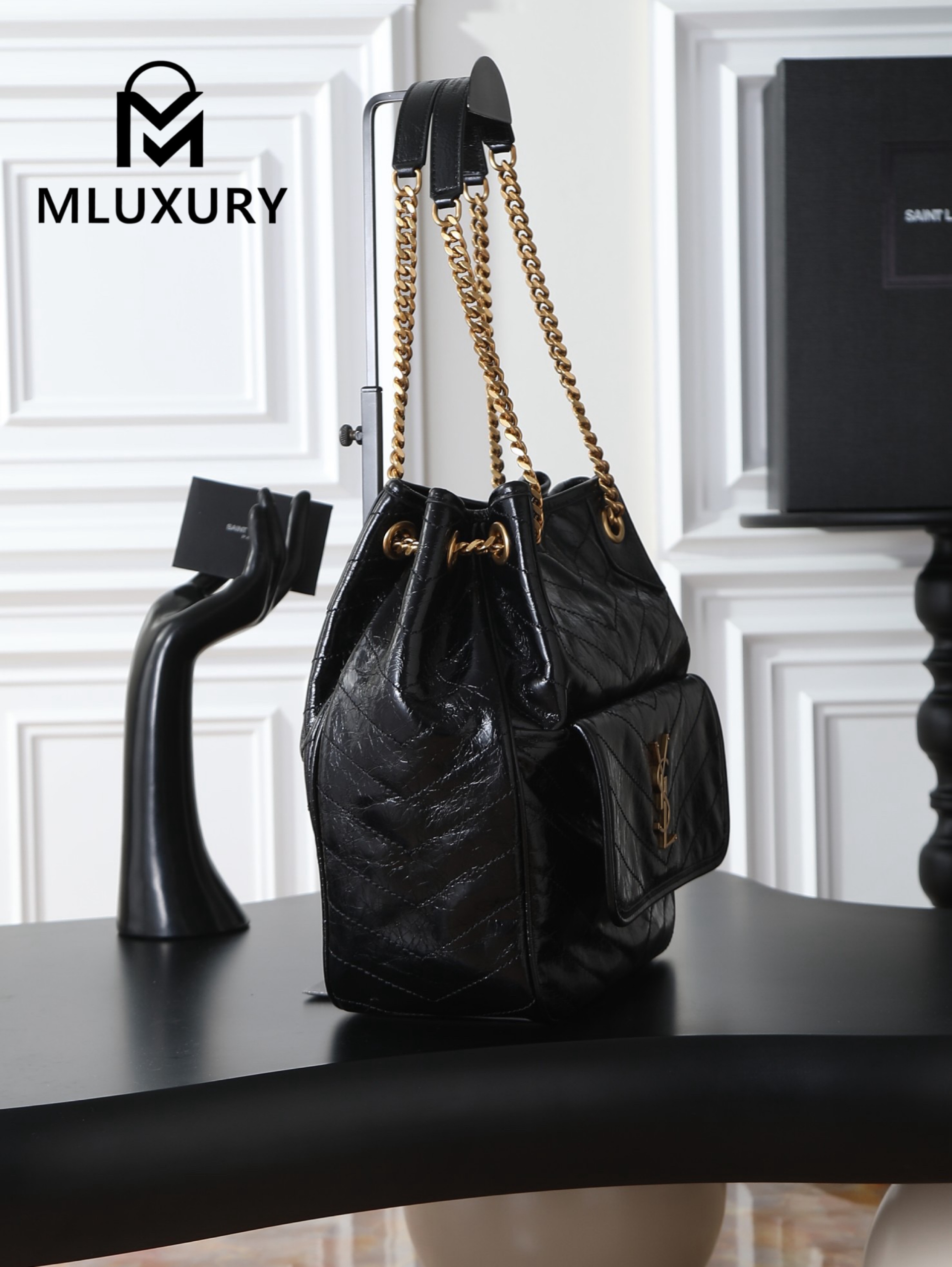 YSL NIKI Oil-waxed Black Leather with Gold accents