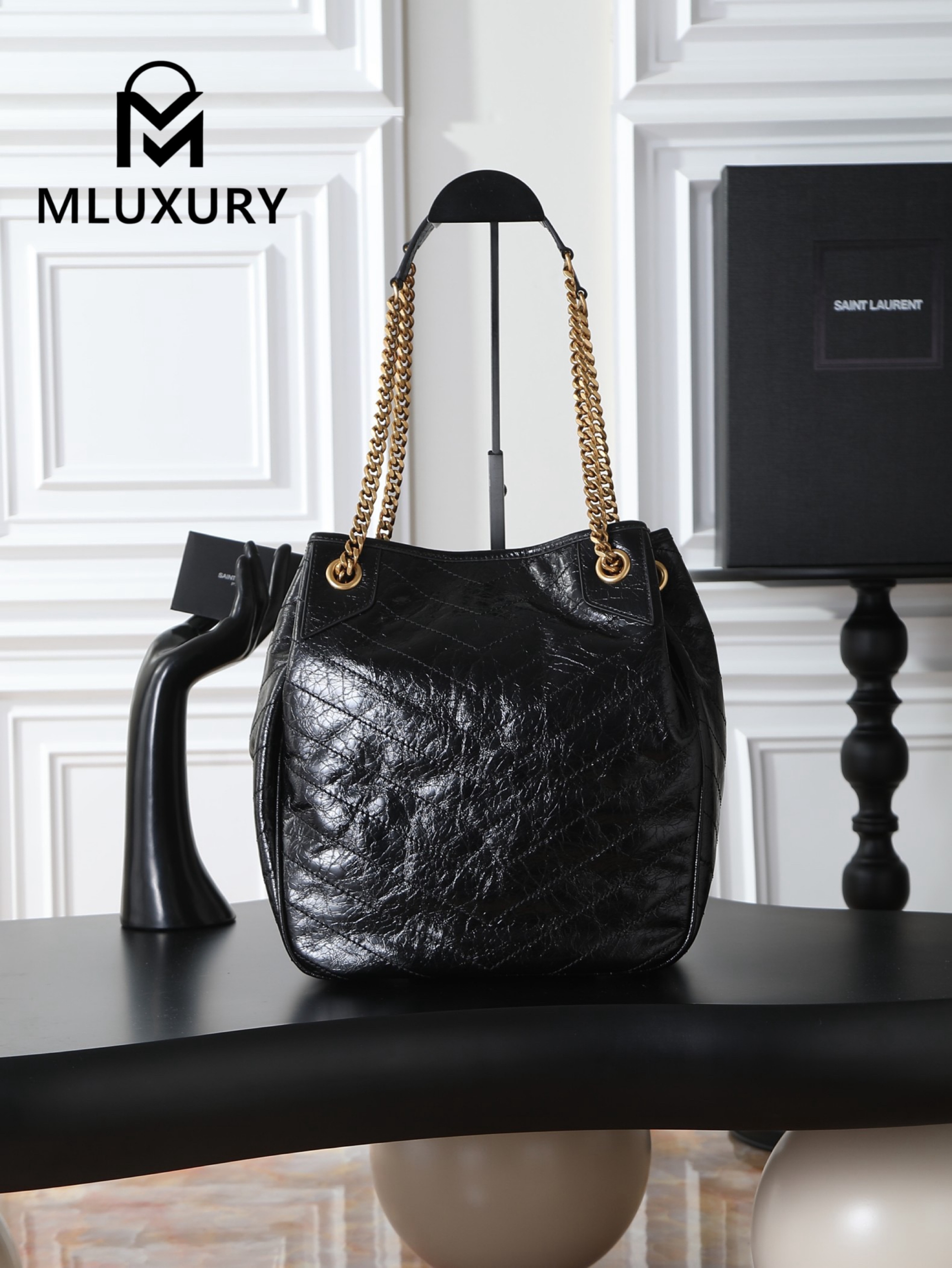 YSL NIKI Oil-waxed Black Leather with Gold accents