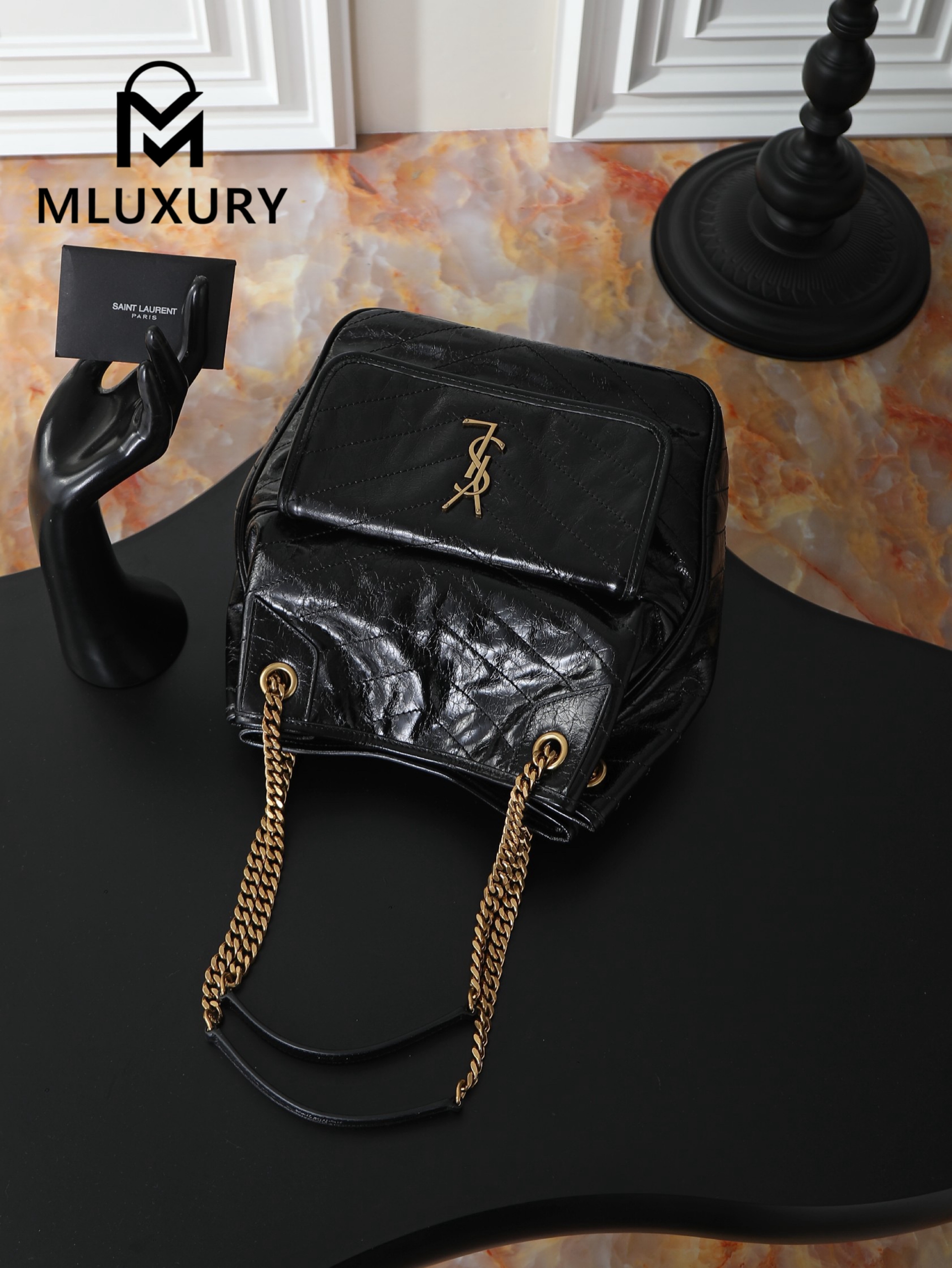 YSL NIKI Oil-waxed Black Leather with Gold accents