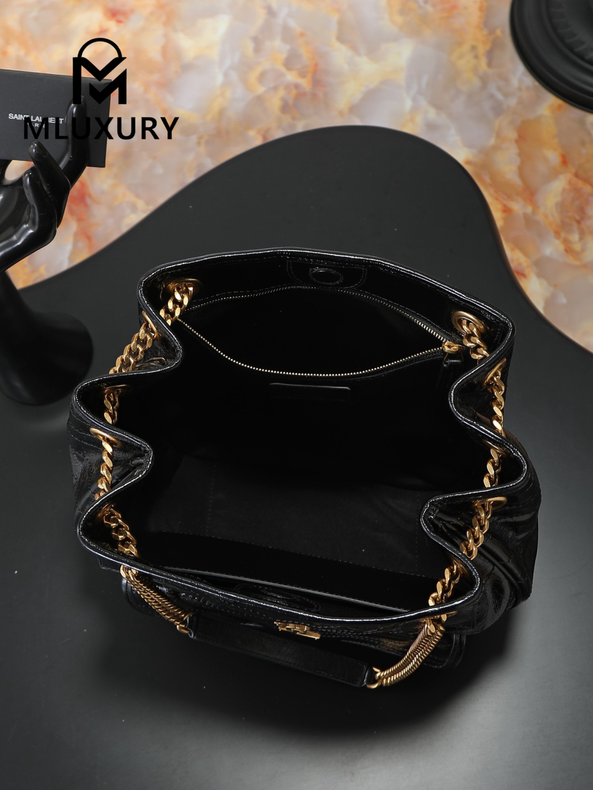 YSL NIKI Oil-waxed Black Leather with Gold accents