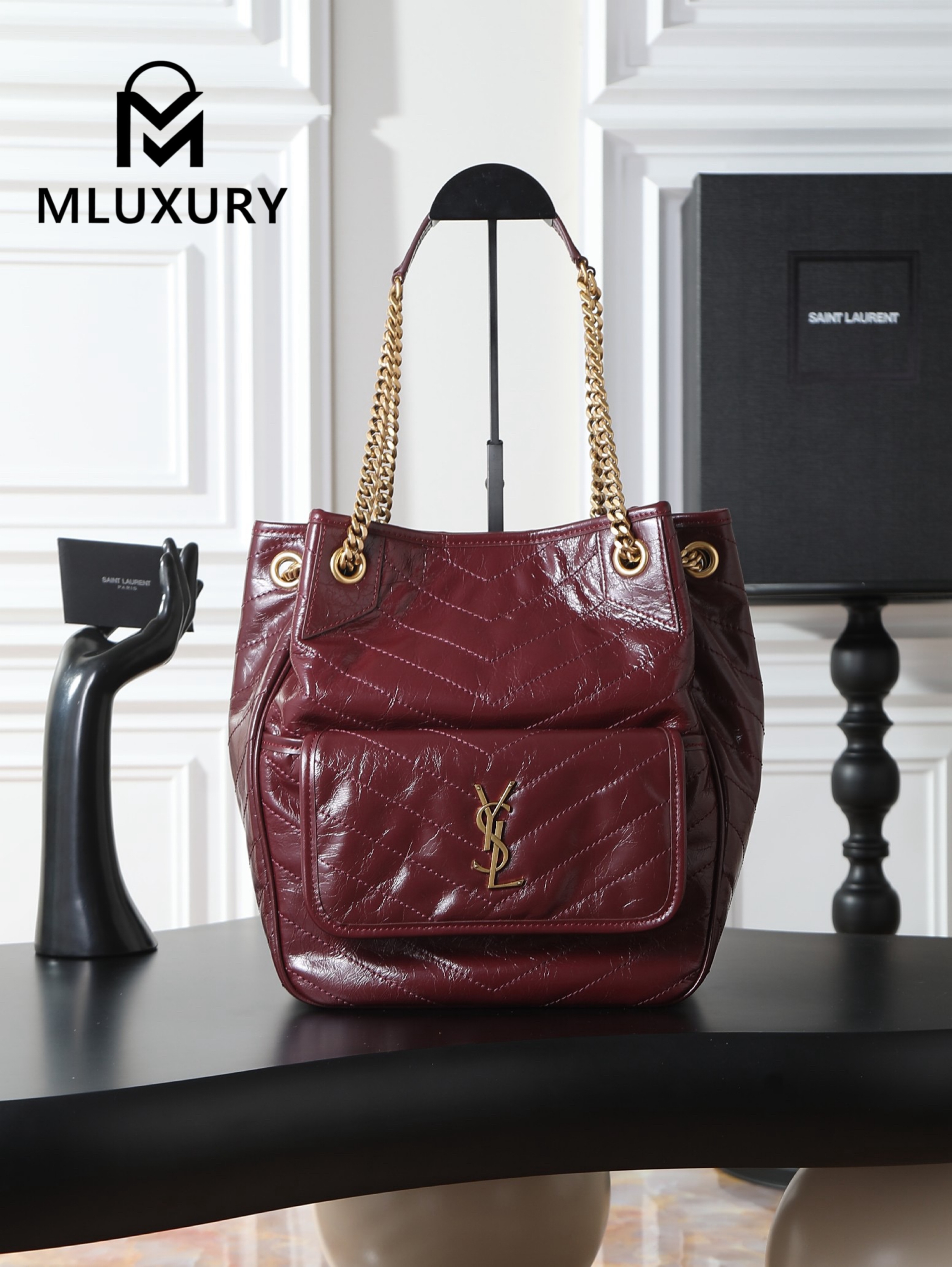 YSL NIKI Oil-waxed Burgundy Leather with Gold