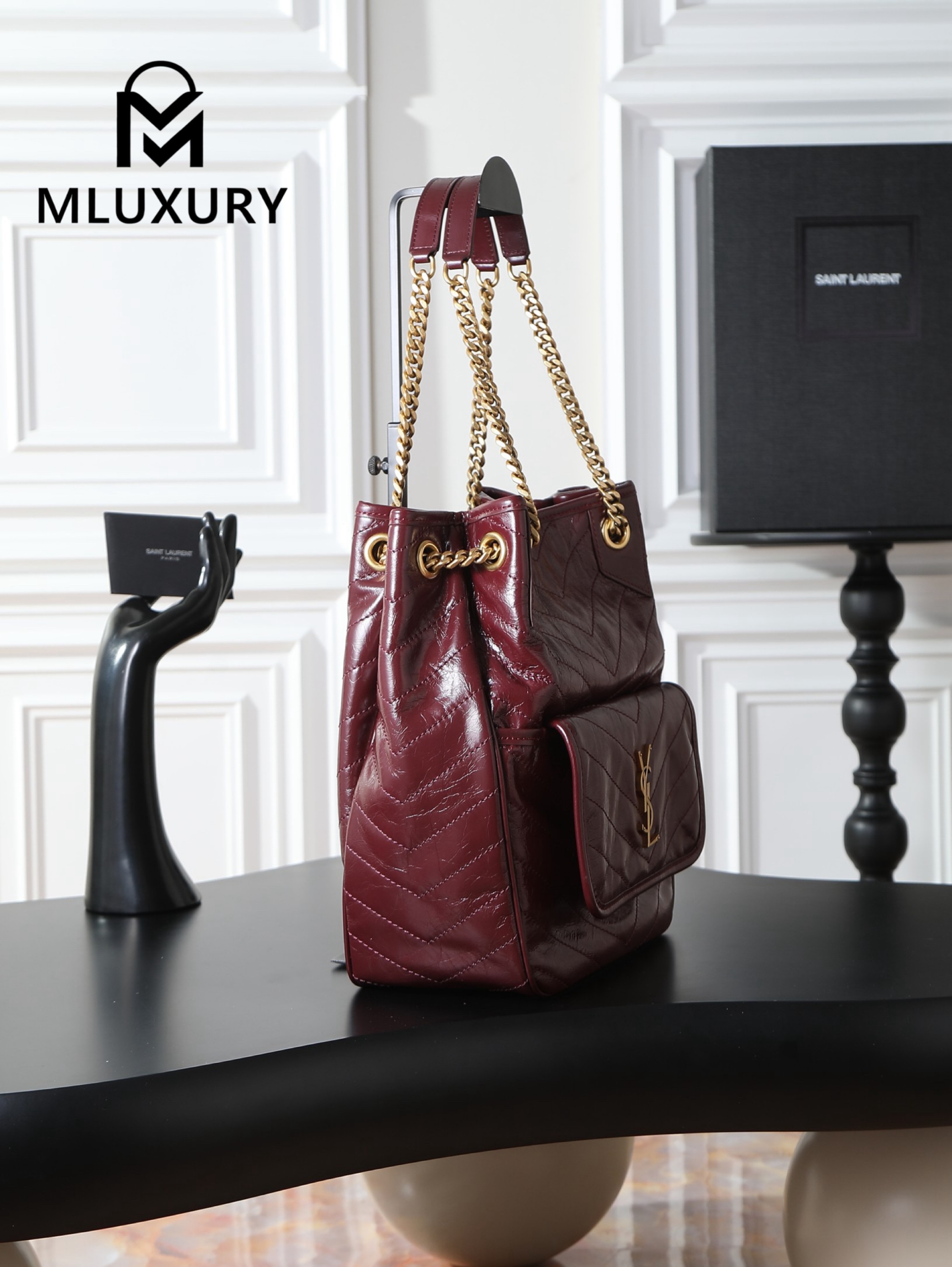 YSL NIKI Oil-waxed Burgundy Leather with Gold